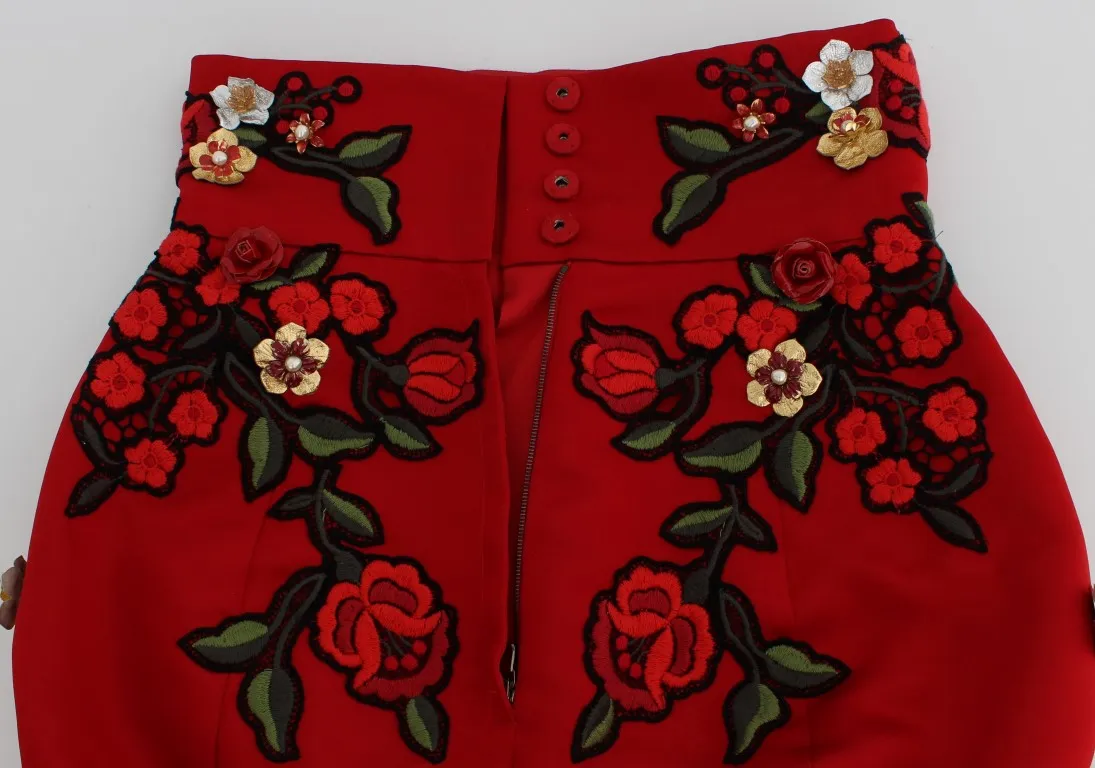 Dolce & Gabbana Women's Glamorous Red Silk Floral Embroidered Shorts