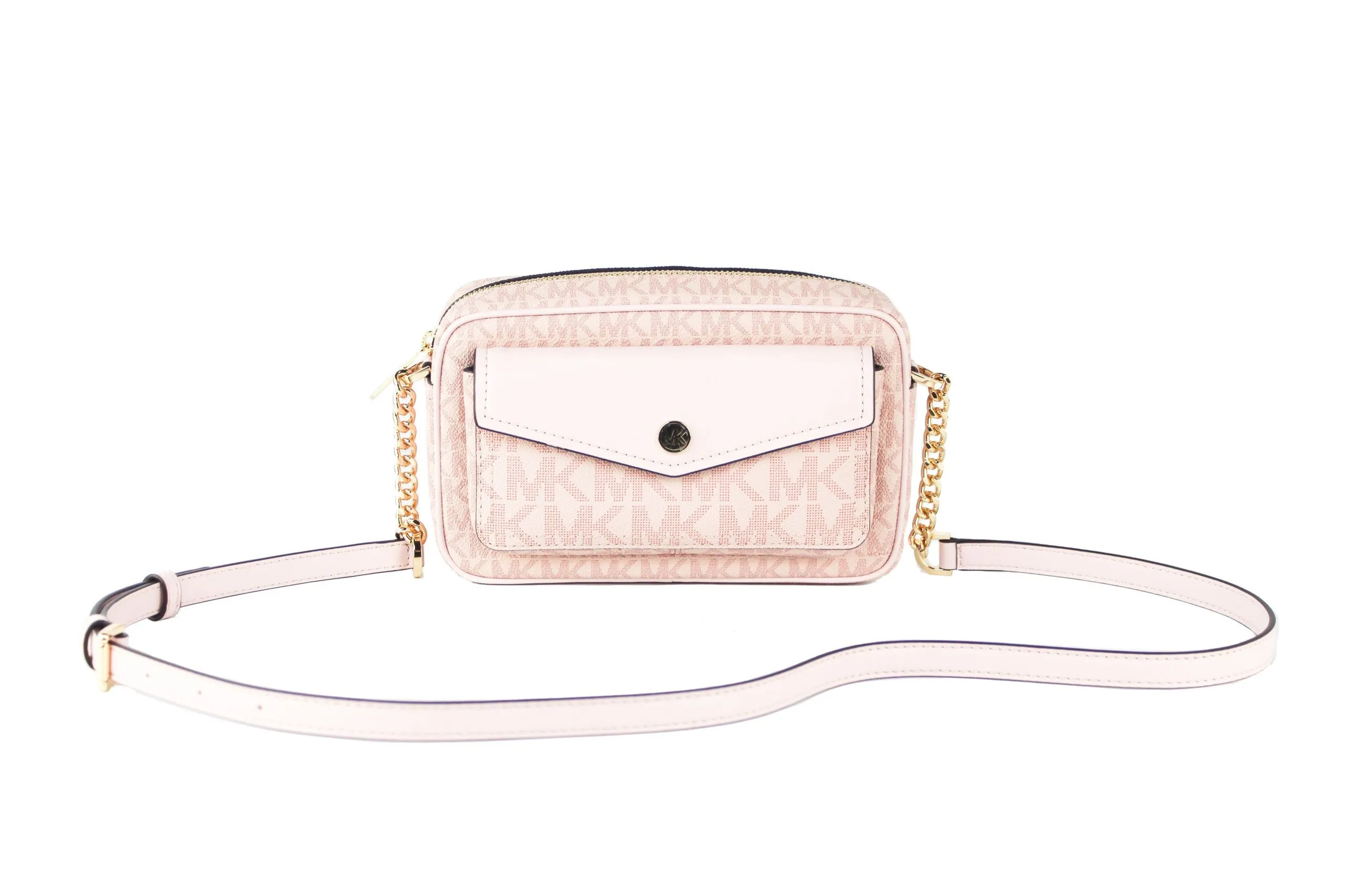 Michael Kors Women's Jet Set Travel Medium Signature PVC Pocket Camera Bag Crossbody Handbag (Powder Blush Multi Signature)