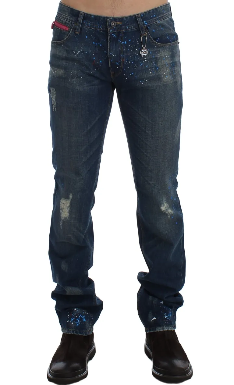 Costume National Men's Chic Blue Wash Painted Slim Fit Jeans