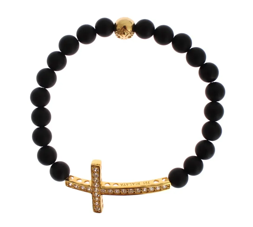 Nialaya Women's Chic Matte Onyx Bead & CZ Diamond Cross Bracelet