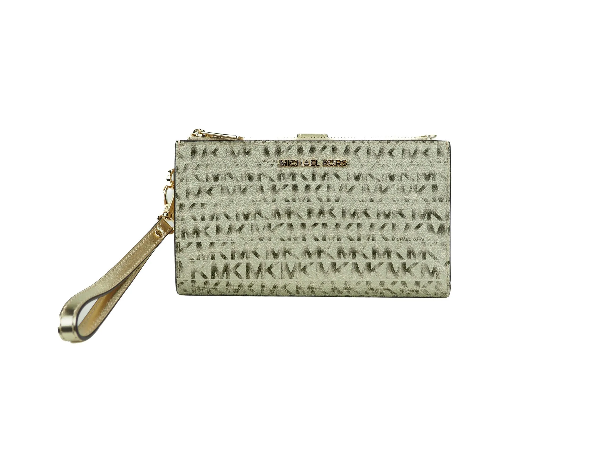 Michael Kors Women's Jet Set Travel Leather Logo Large Double Zip Wristlet Wallet (Pale Gold Metallic)