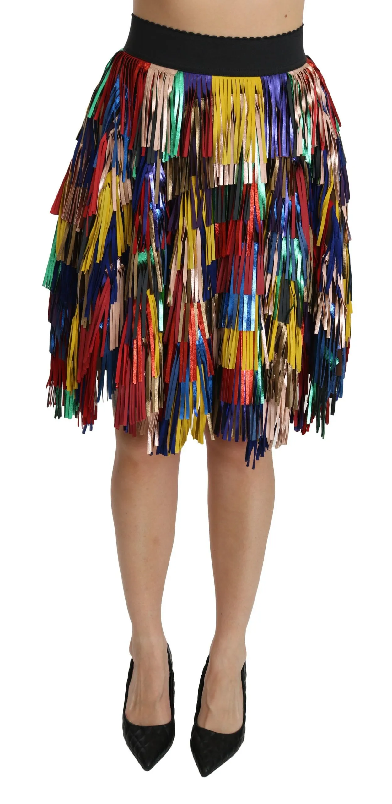 Dolce & Gabbana Women's Red Yellow High Waist Knee Length Leather Skirt