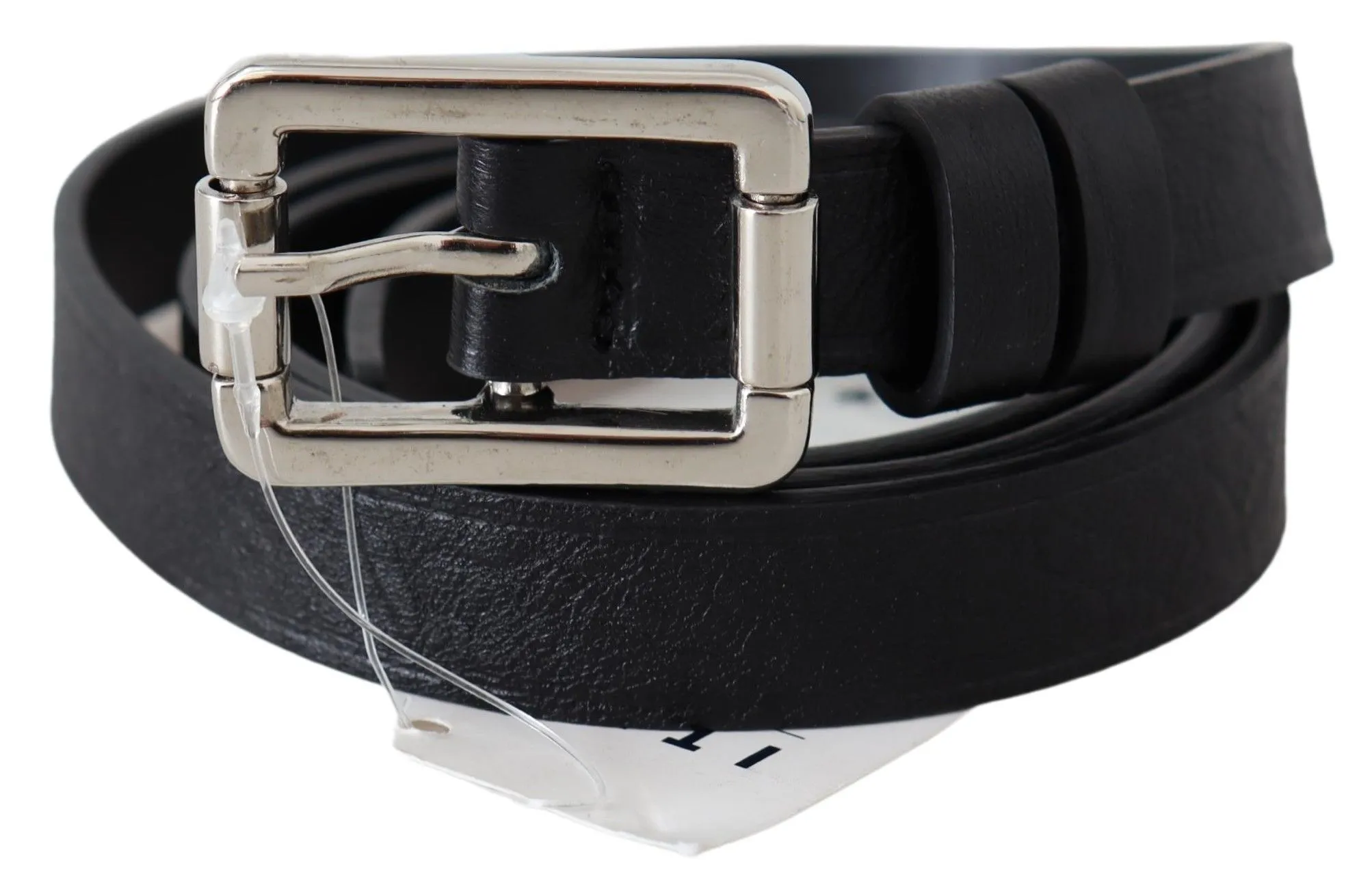 Costume National Women's Elegant Black Leather Waist Belt with Silver-Tone Buckle