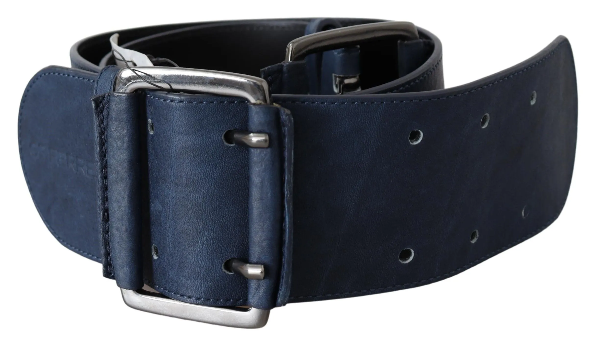GF Ferre Women's Chic Blue Leather Belt with Silver Tone Hardware