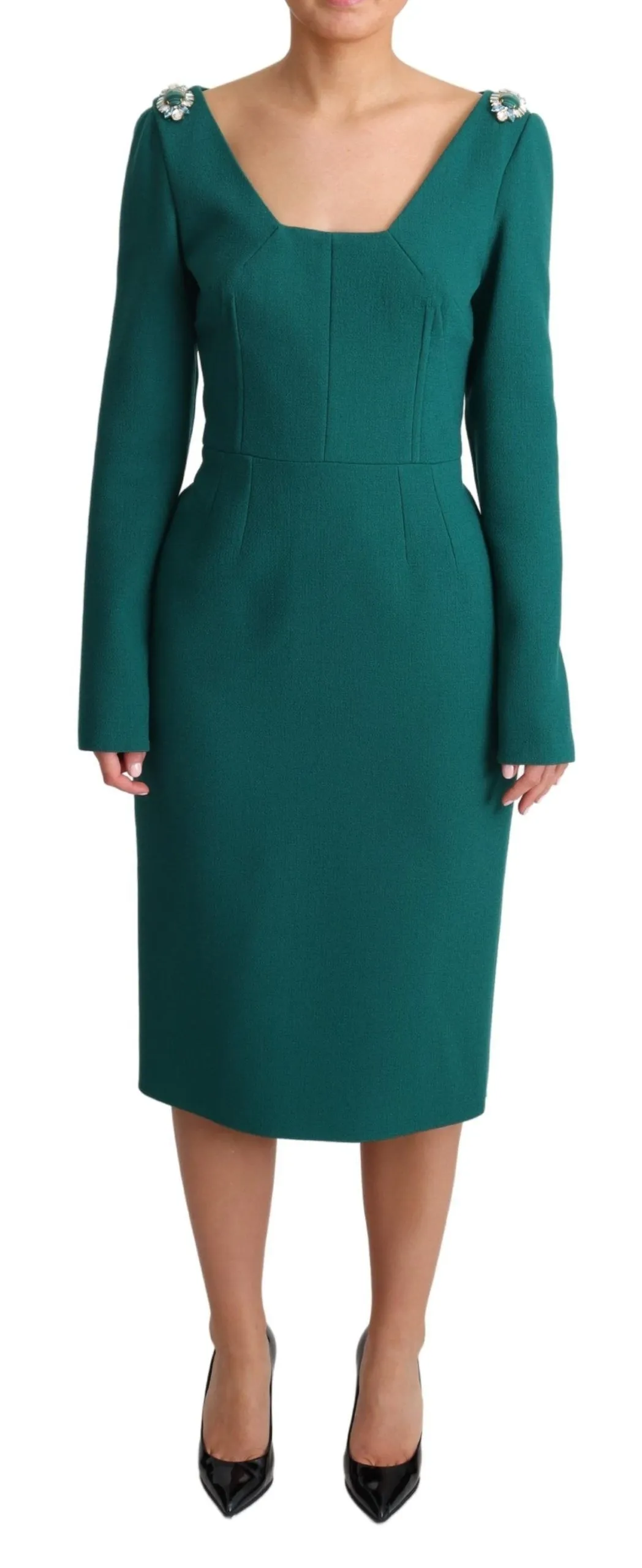 Dolce & Gabbana Women's Emerald Wool Crepe Midi Dress With Crystal Brooches