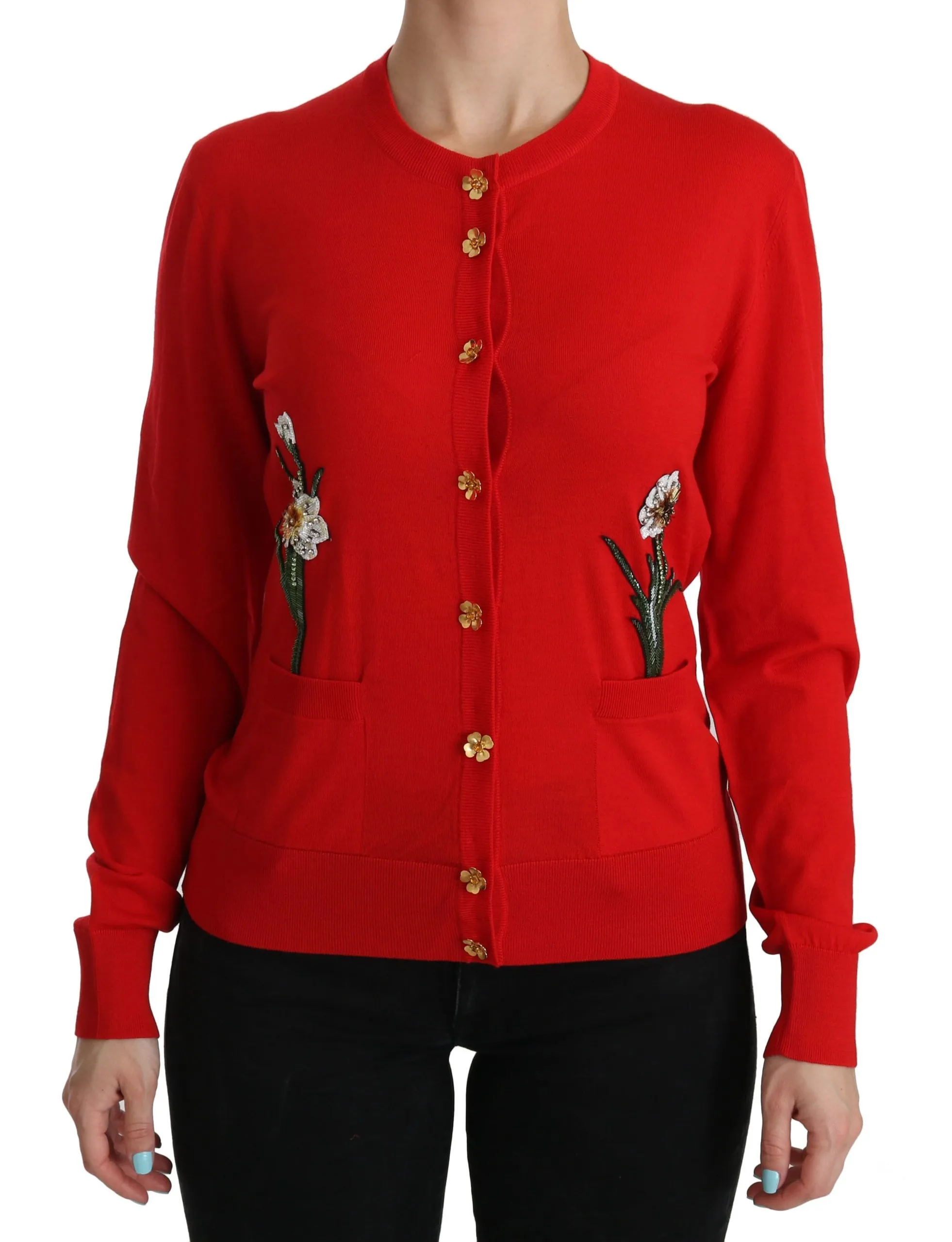 Dolce & Gabbana Women's Red Wool Crystal Floral Cardigan Sweater