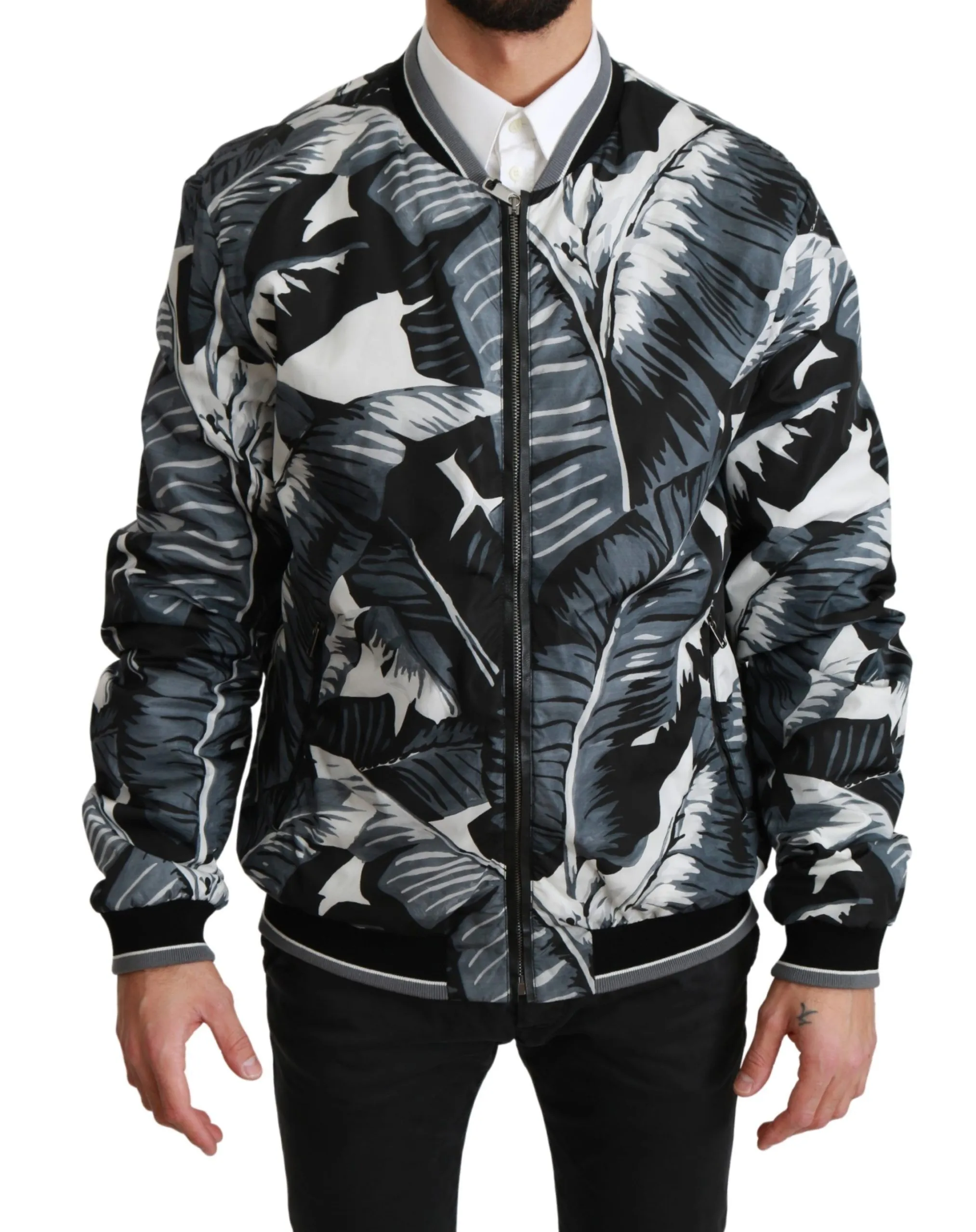 Dolce & Gabbana Men's Black Banana Leaf Print Bomber Jacket