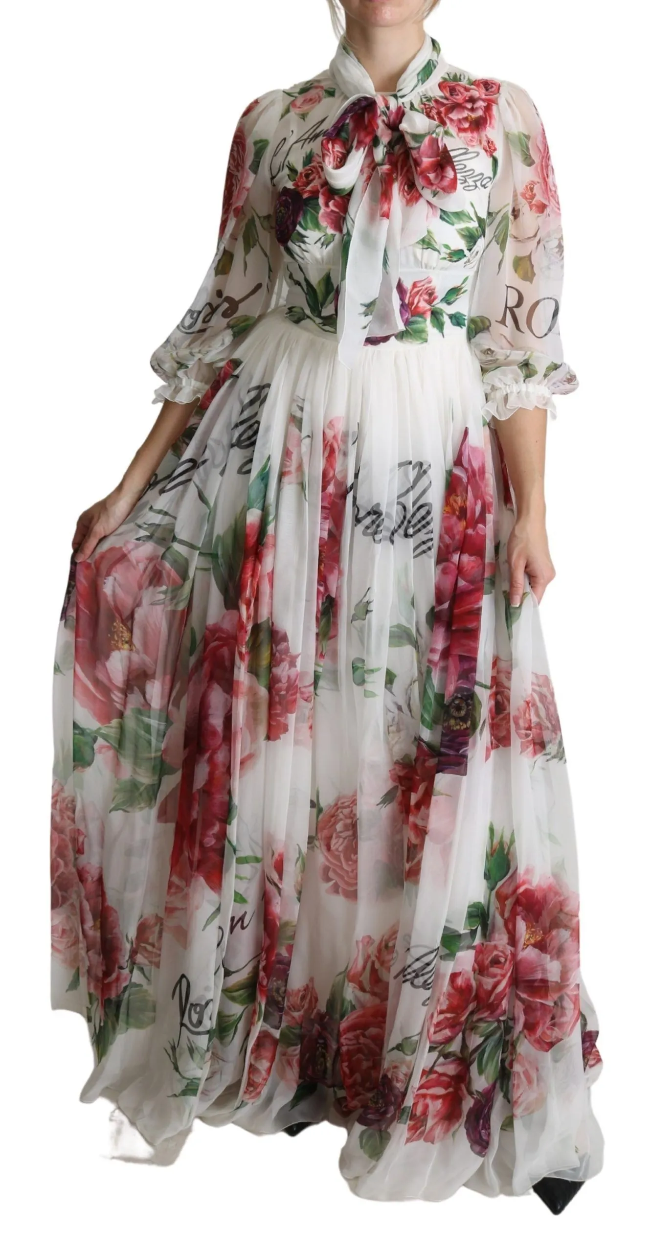 Dolce & Gabbana Women's Elegant Floral Scarf Neck Pleated Gown
