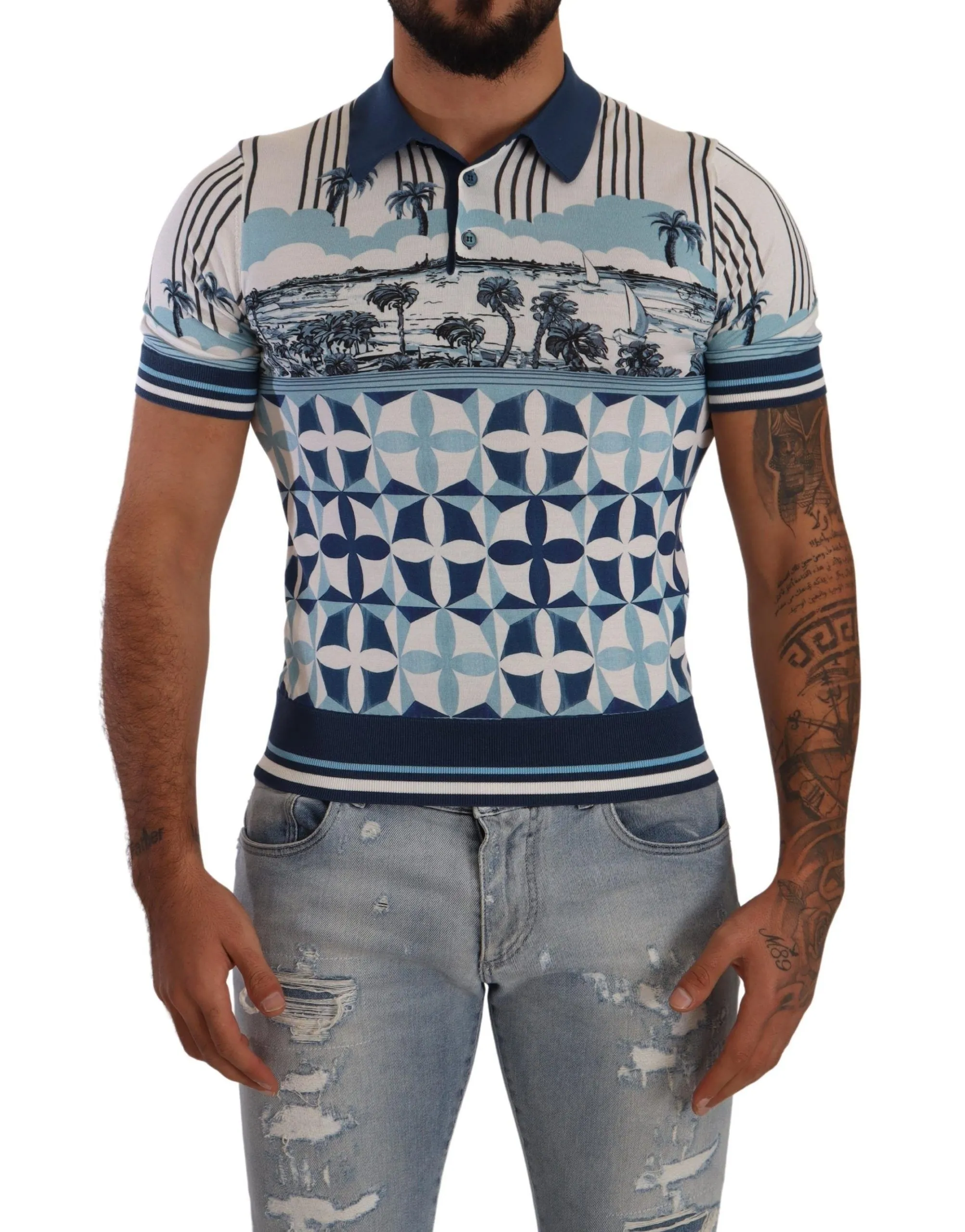 Dolce & Gabbana Men's Elegant Silk Blend Polo T-Shirt in GIO PONTI Print