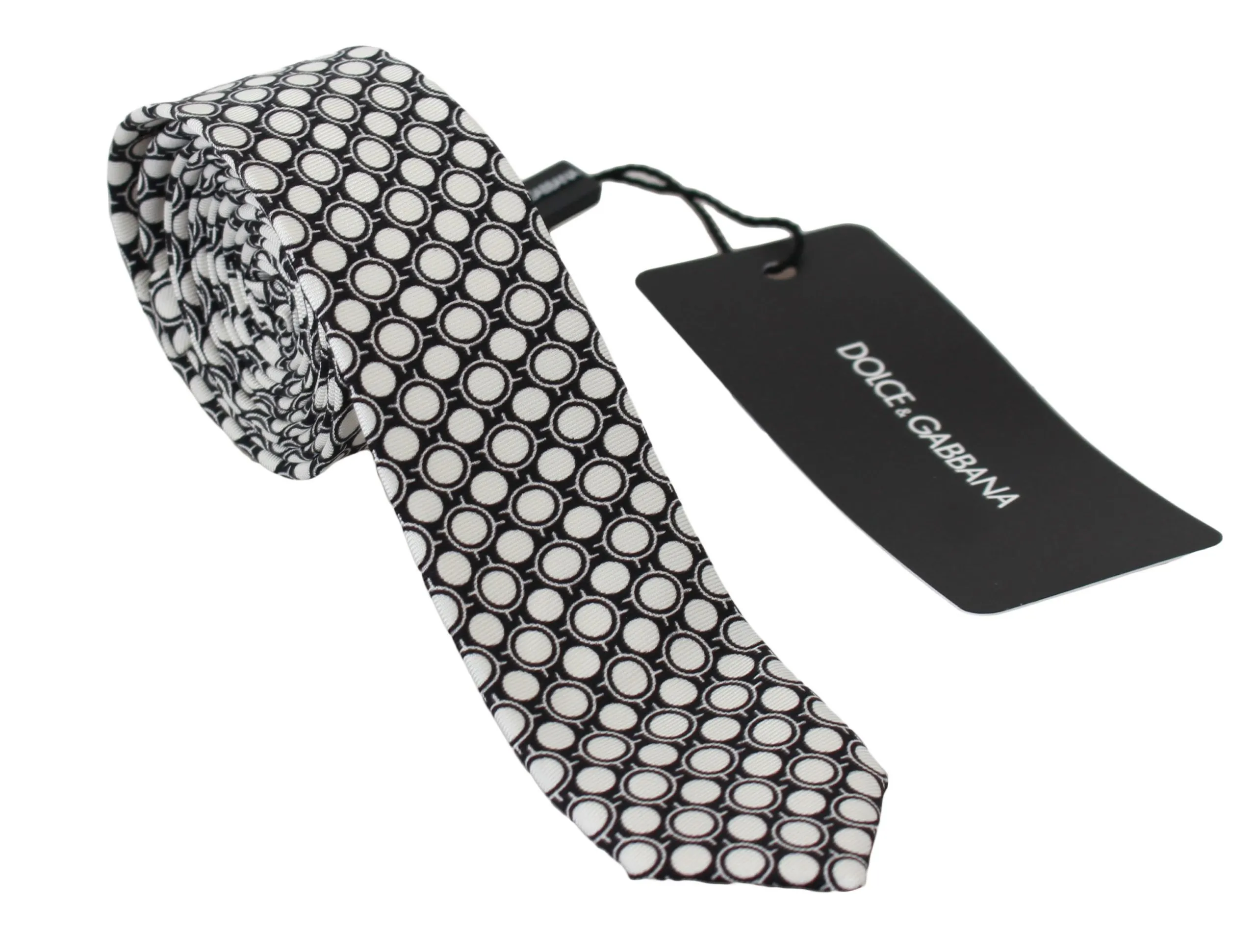 Dolce & Gabbana Men's Black White Prtinted 100% Silk Necktie