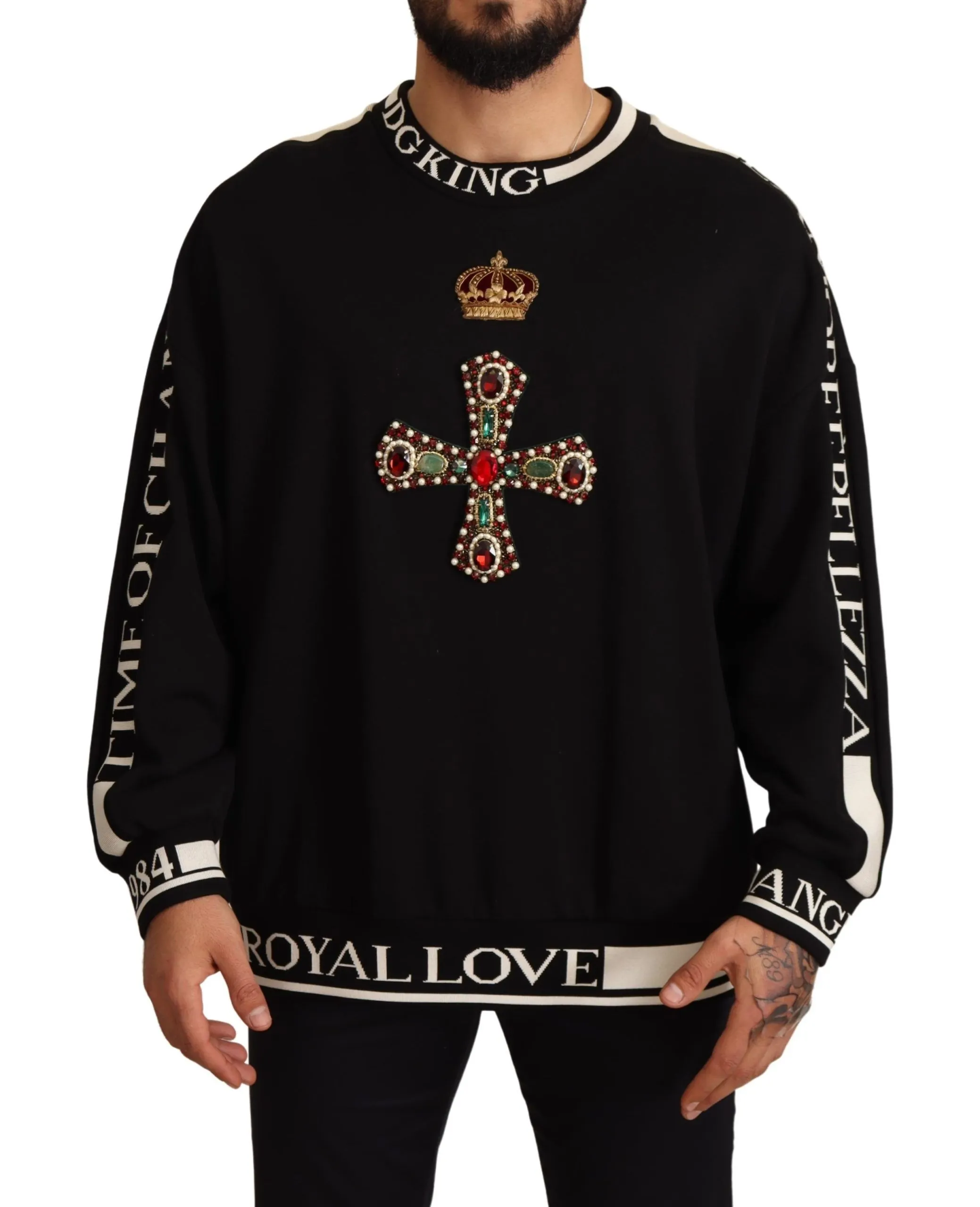 Dolce & Gabbana Men's Embroidered Crown & Cross Black Sweater