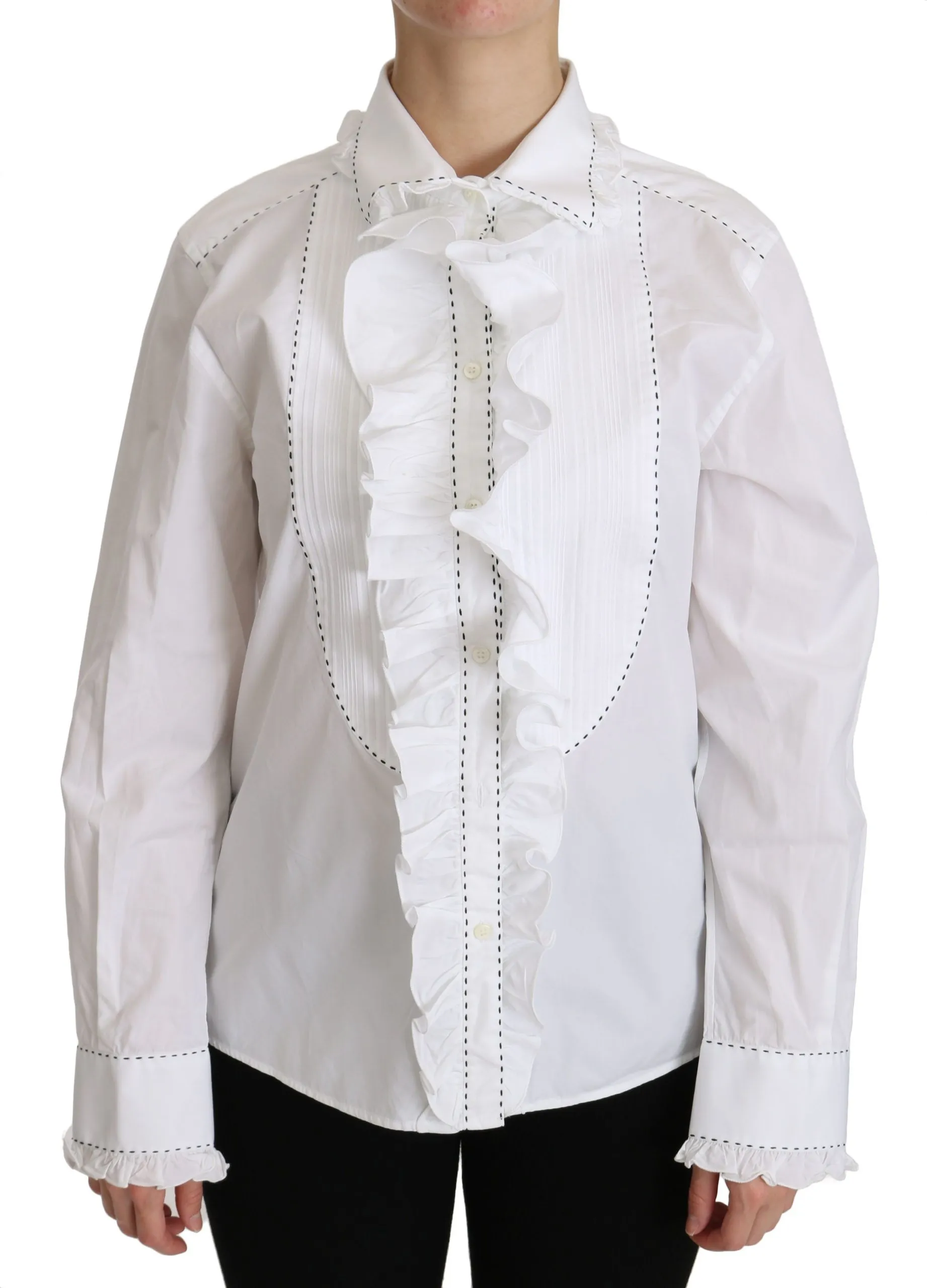 Dolce & Gabbana Women's White Ruffle Collared Blouse Cotton Top