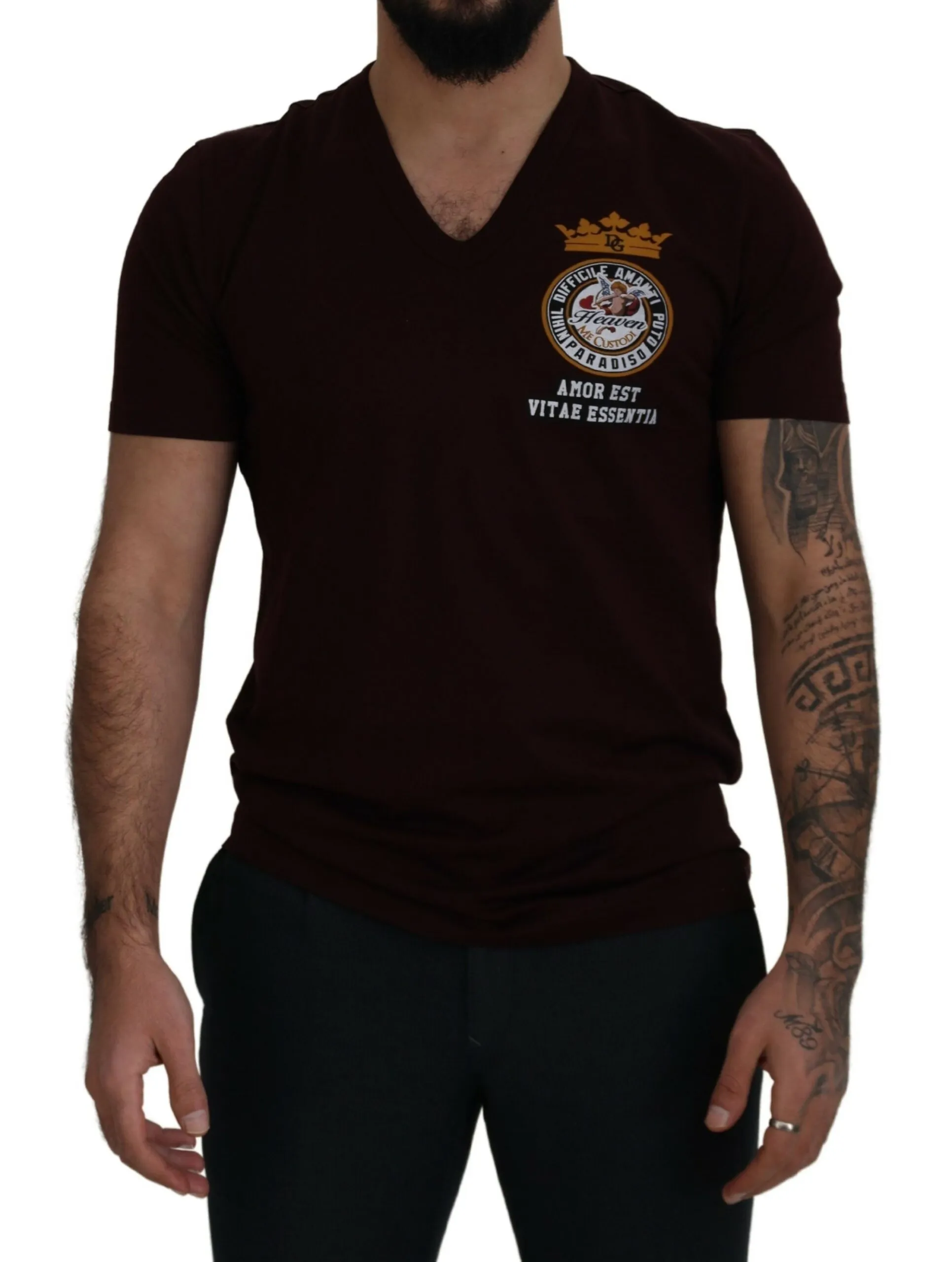 Dolce & Gabbana Men's Maroon V-Neck Cotton Tee