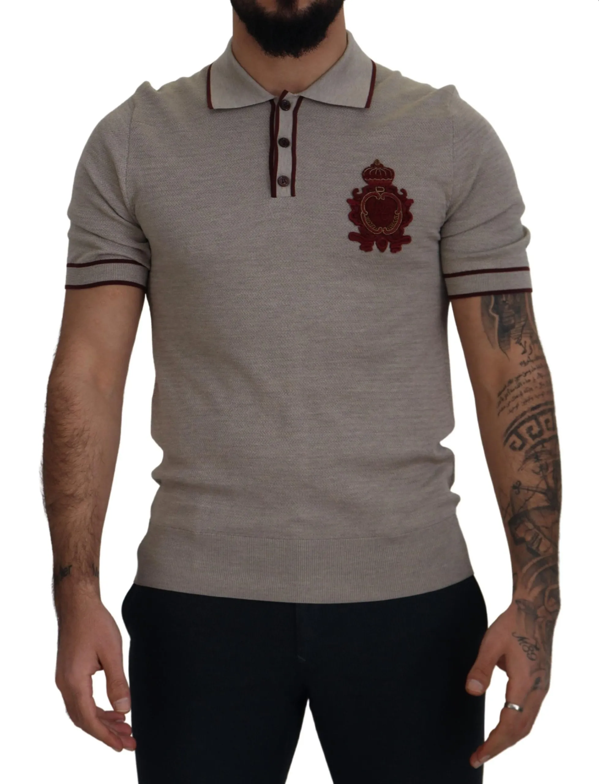 Dolce & Gabbana Men's Elegant Gray Silk Collared T-Shirt