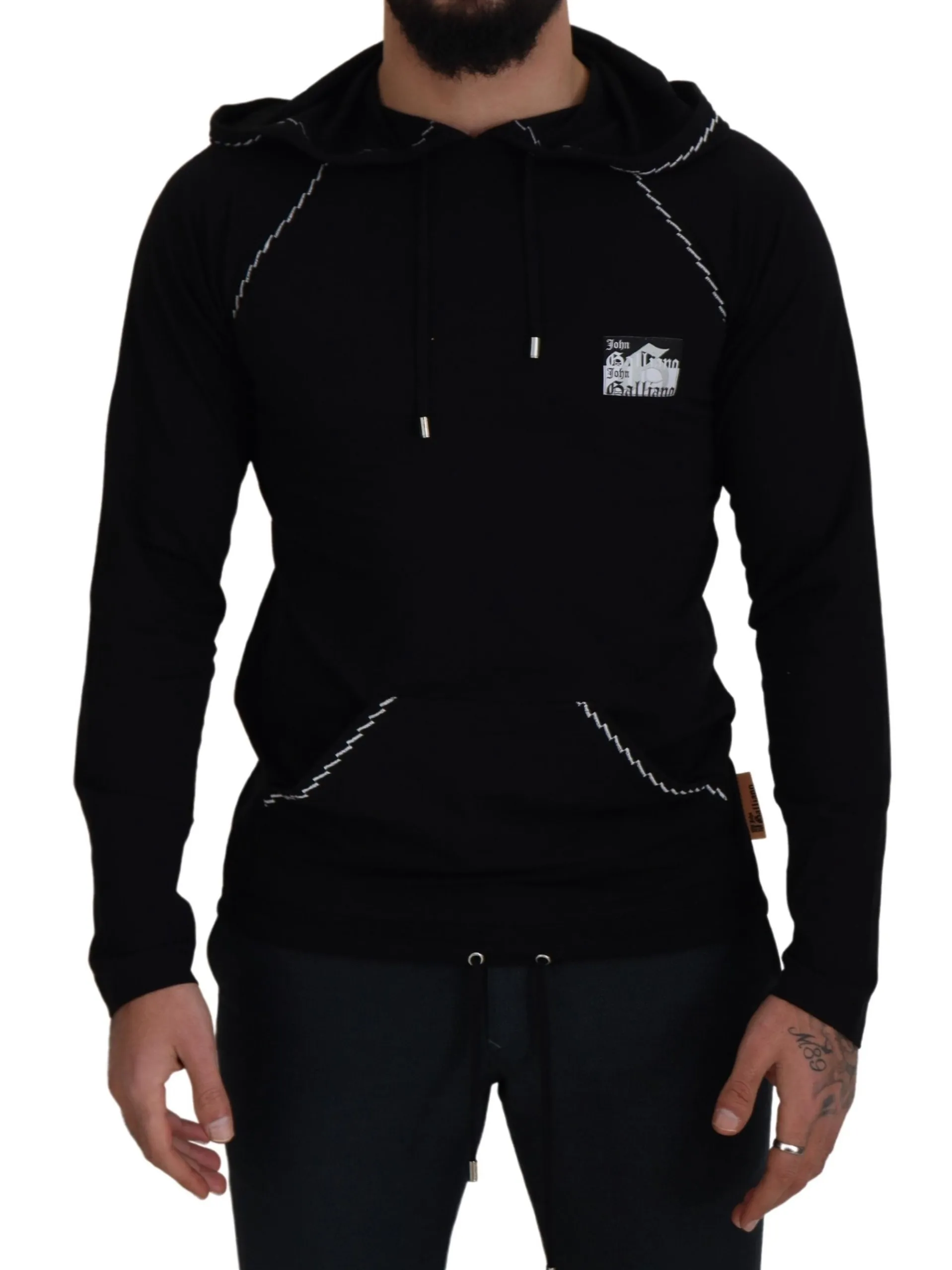 John Galliano Men's Elegant Black Hooded Pullover Sweater
