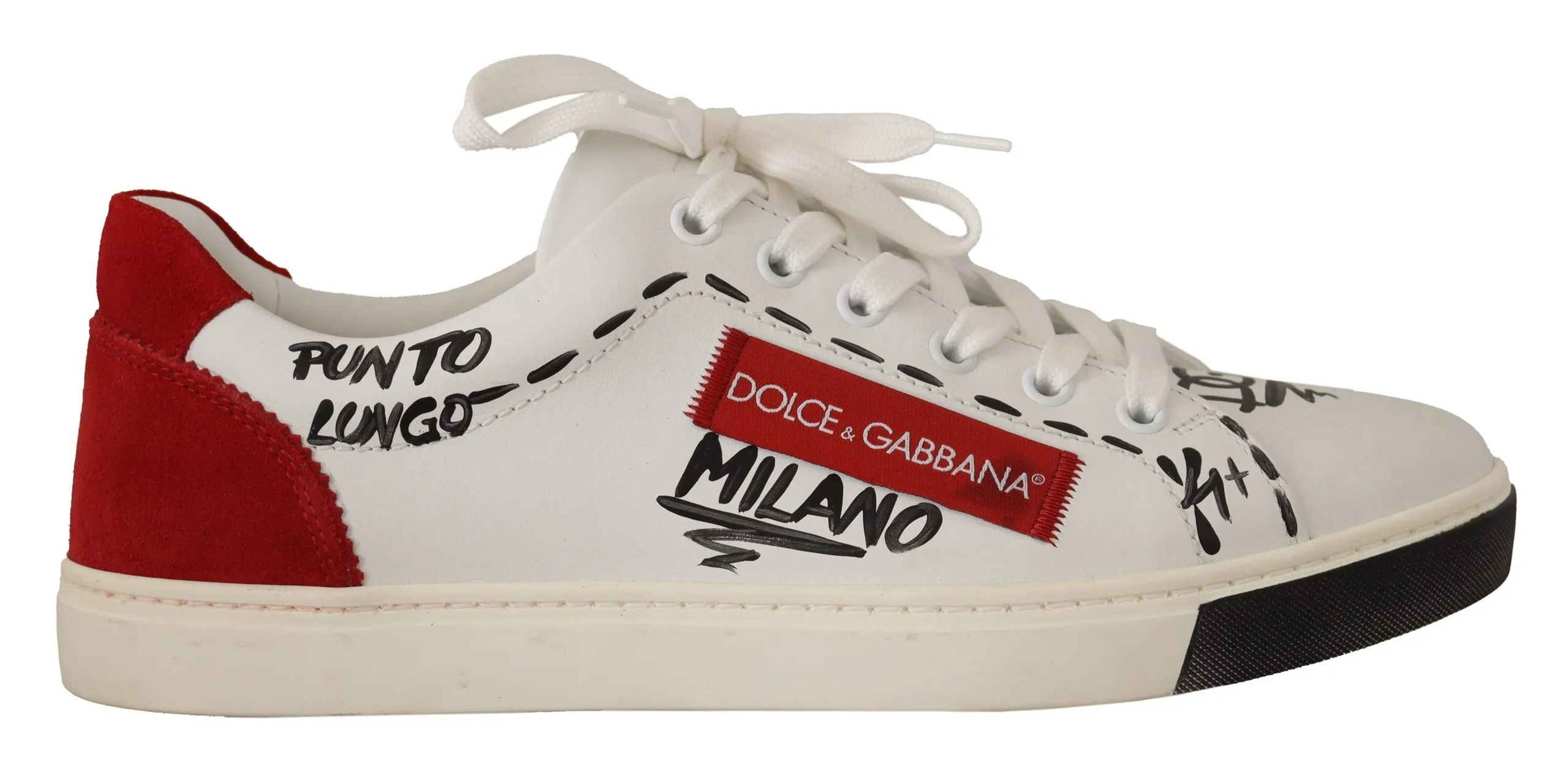 Dolce & Gabbana Men's Chic White Leather Casual Sneakers with Red Logo