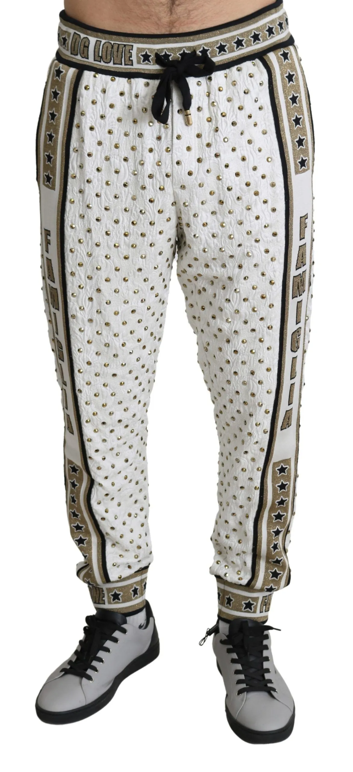 Dolce & Gabbana Men's Elegant White Sweatpants with Gold Studs