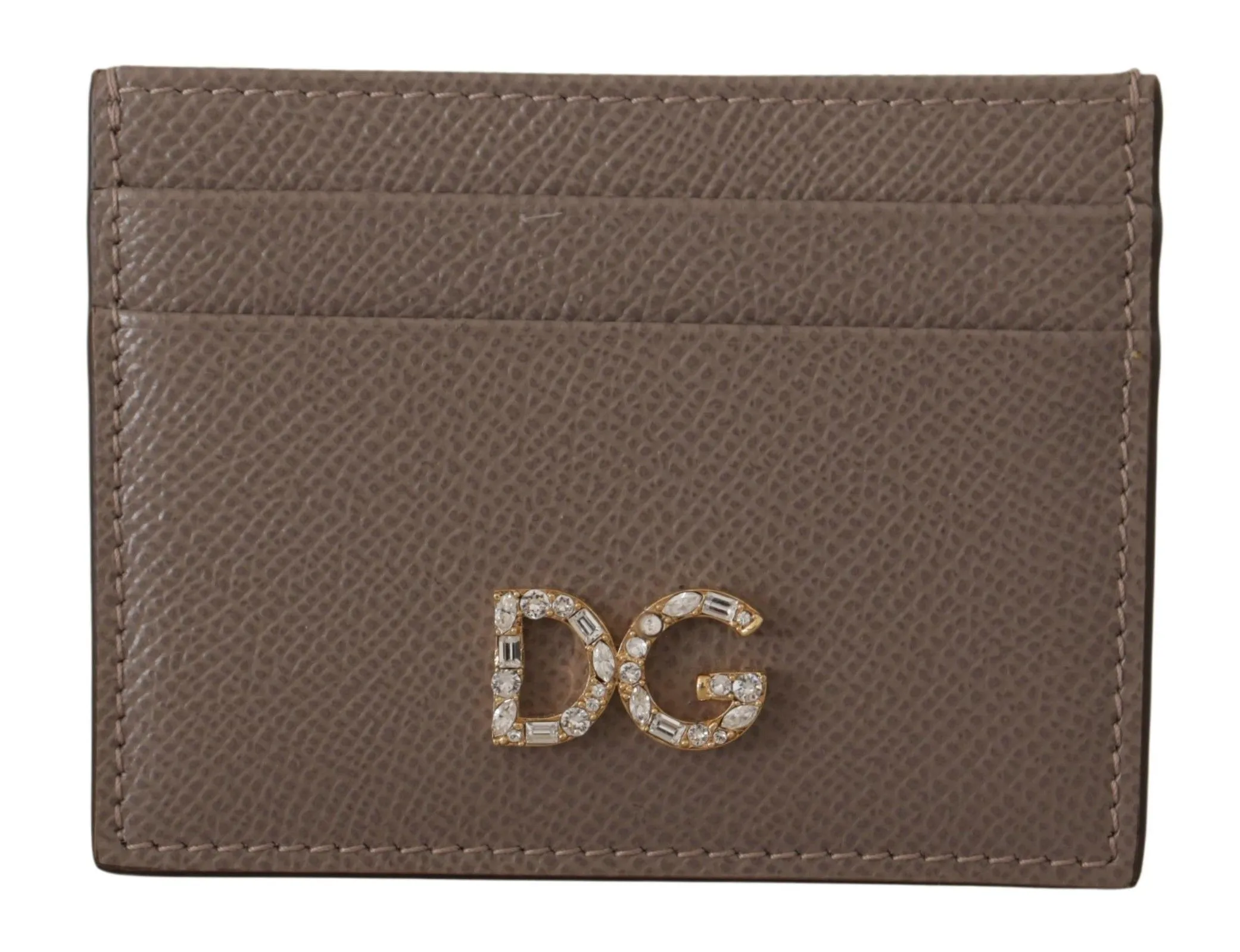 Dolce & Gabbana Women's Elegant Beige Leather Cardholder with Crystal Logo