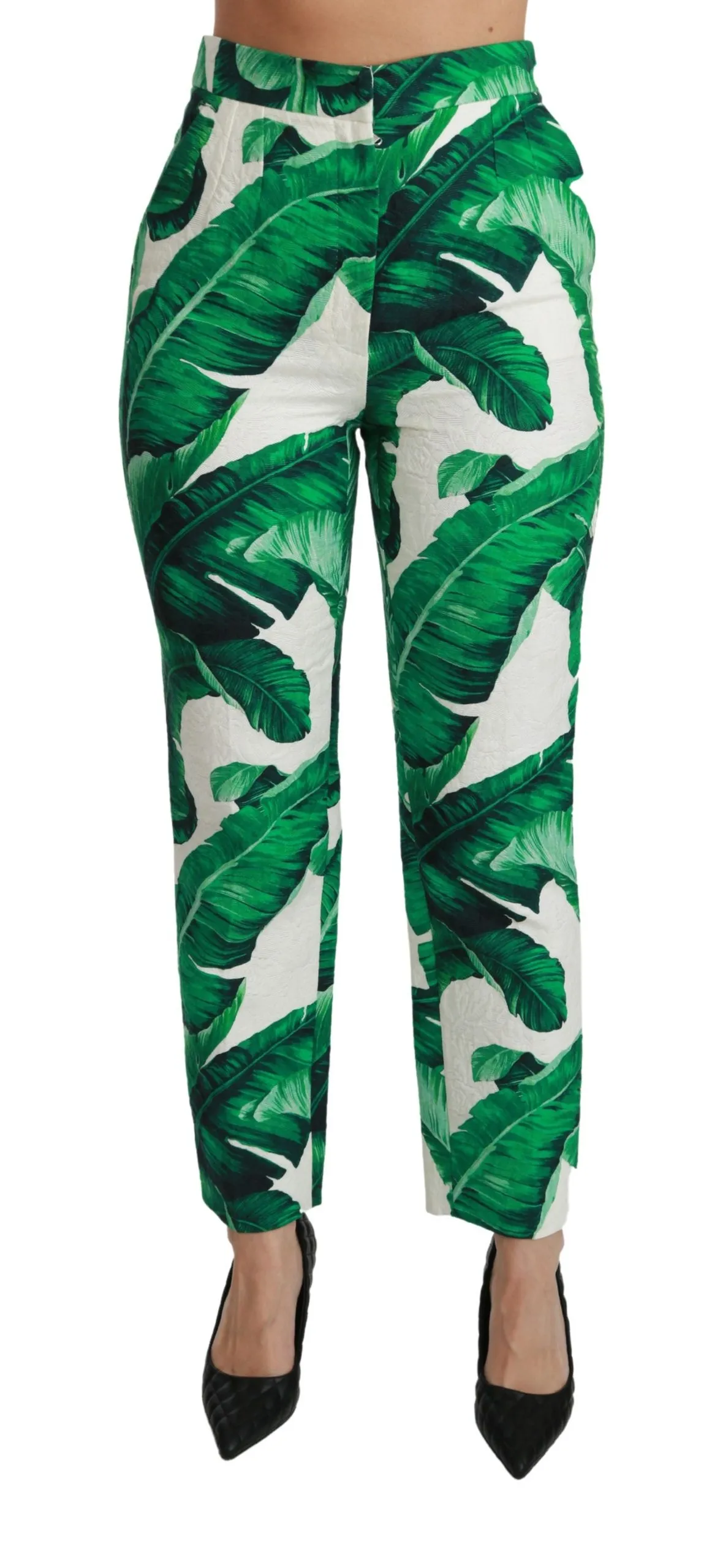 Dolce & Gabbana Women's Elegant Green Brocade Pants with Banana Leaf Print