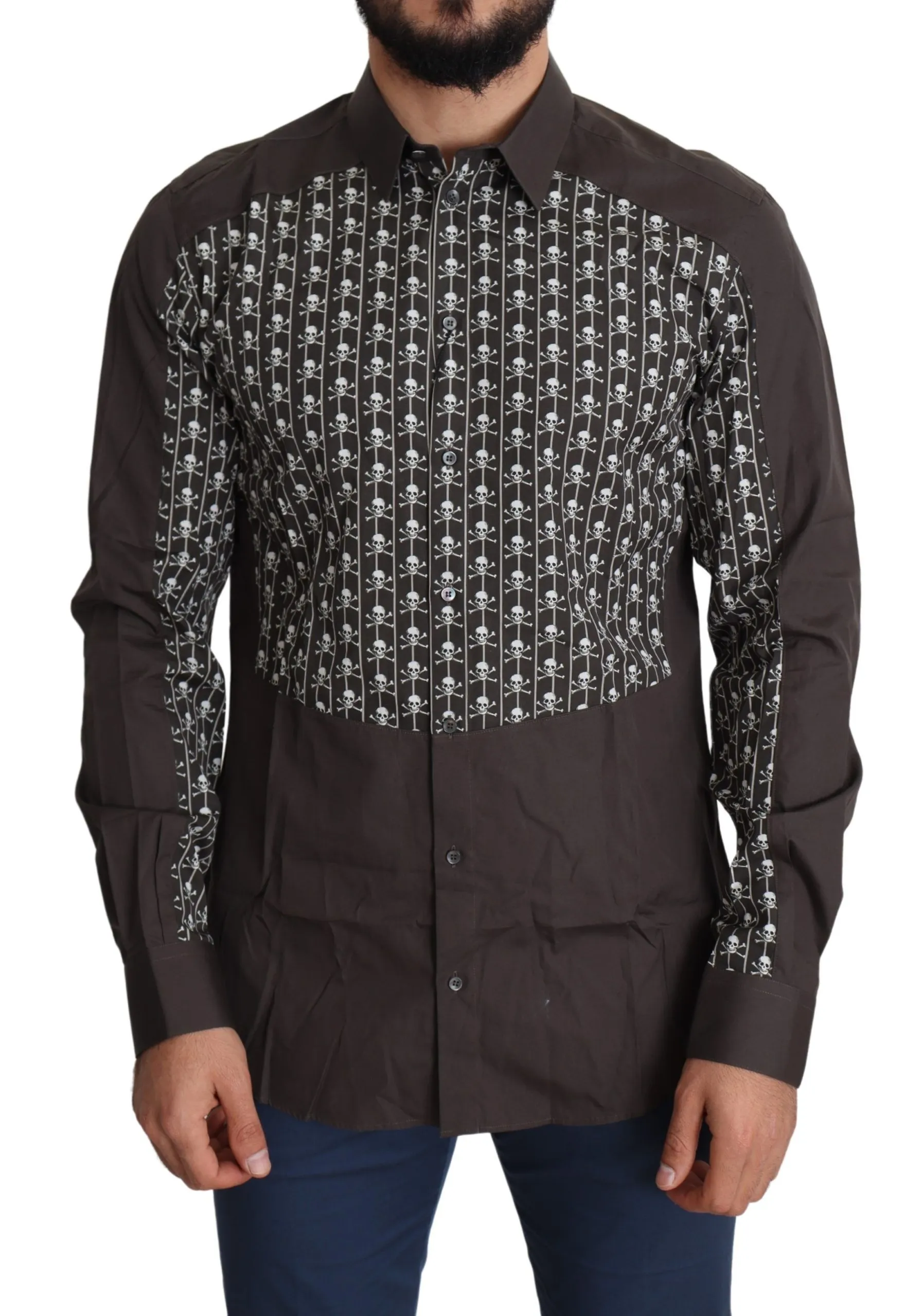 Dolce & Gabbana Men's Gold Brown Slim Fit Dress Shirt with Skull Print