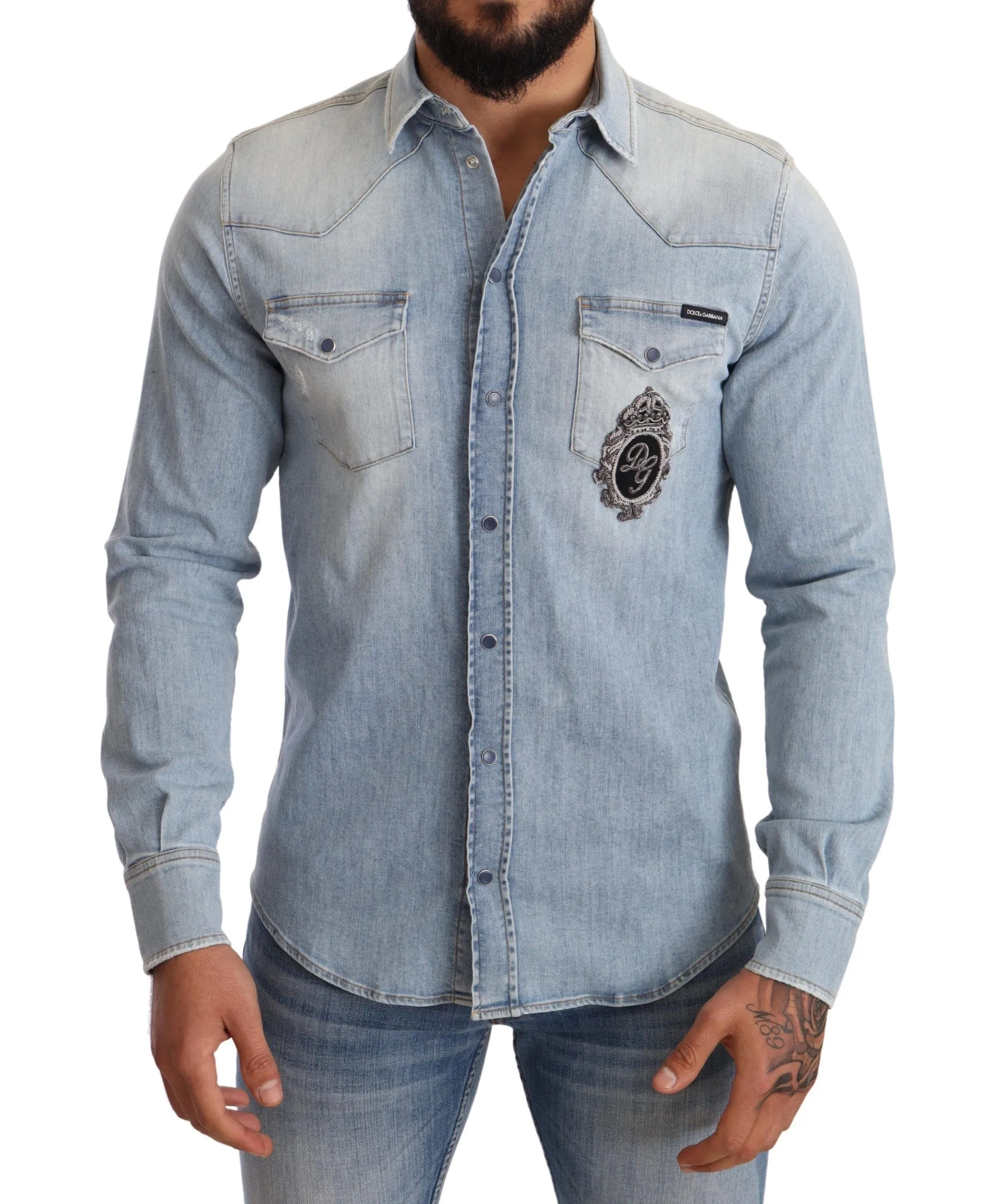 Dolce & Gabbana Men's Elegant Denim Long Sleeve Embroidered Shirt