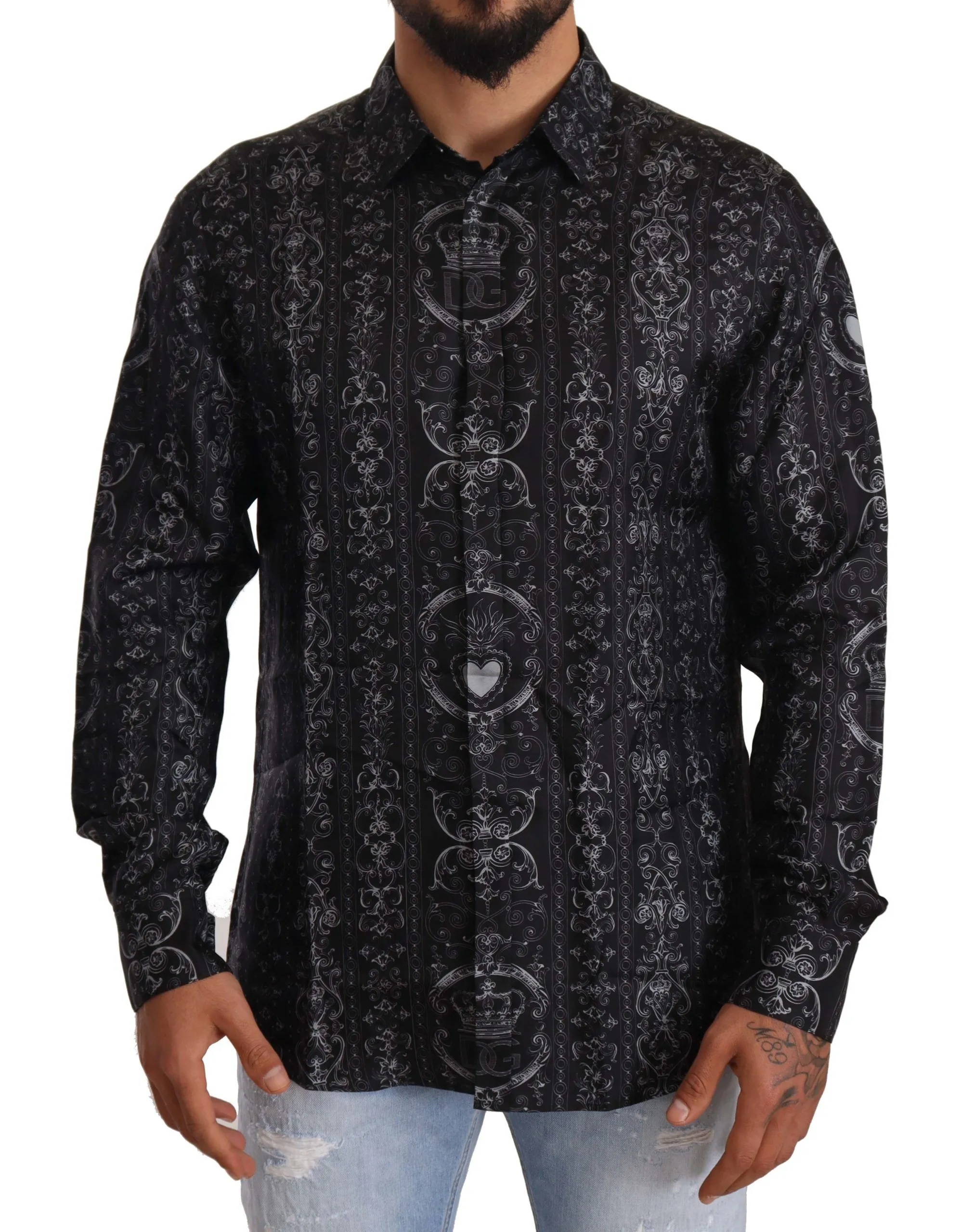 Dolce & Gabbana Men's Elegant Silk Crown Print Martini Dress Shirt