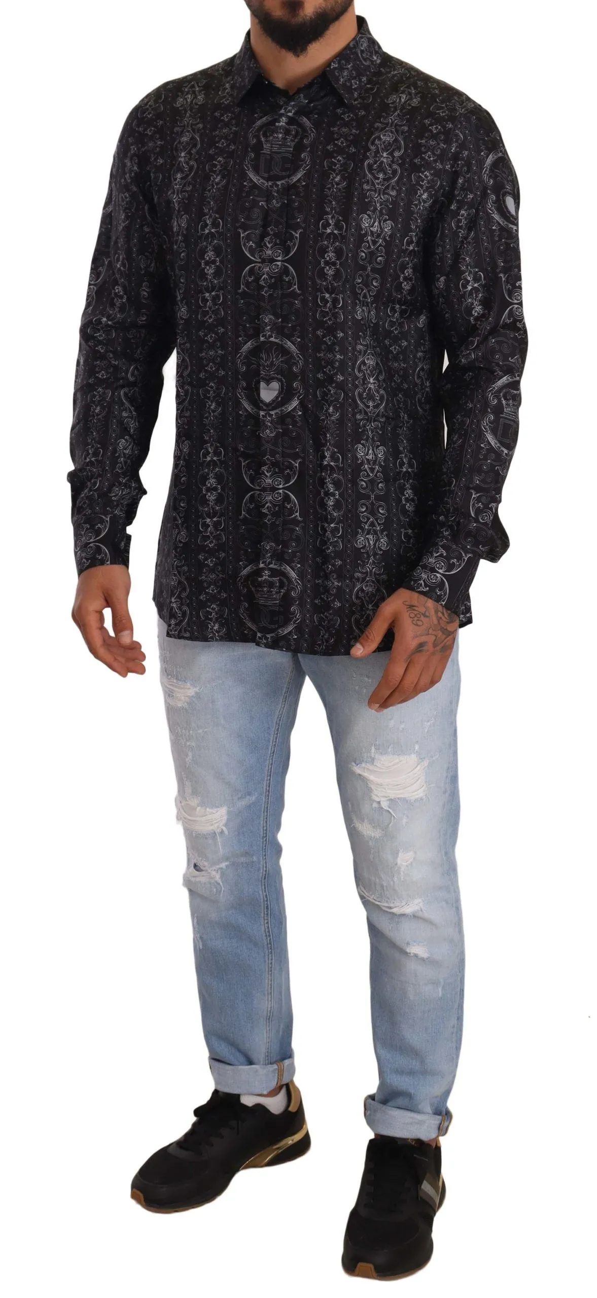 Dolce & Gabbana Men's Elegant Silk Crown Print Martini Dress Shirt