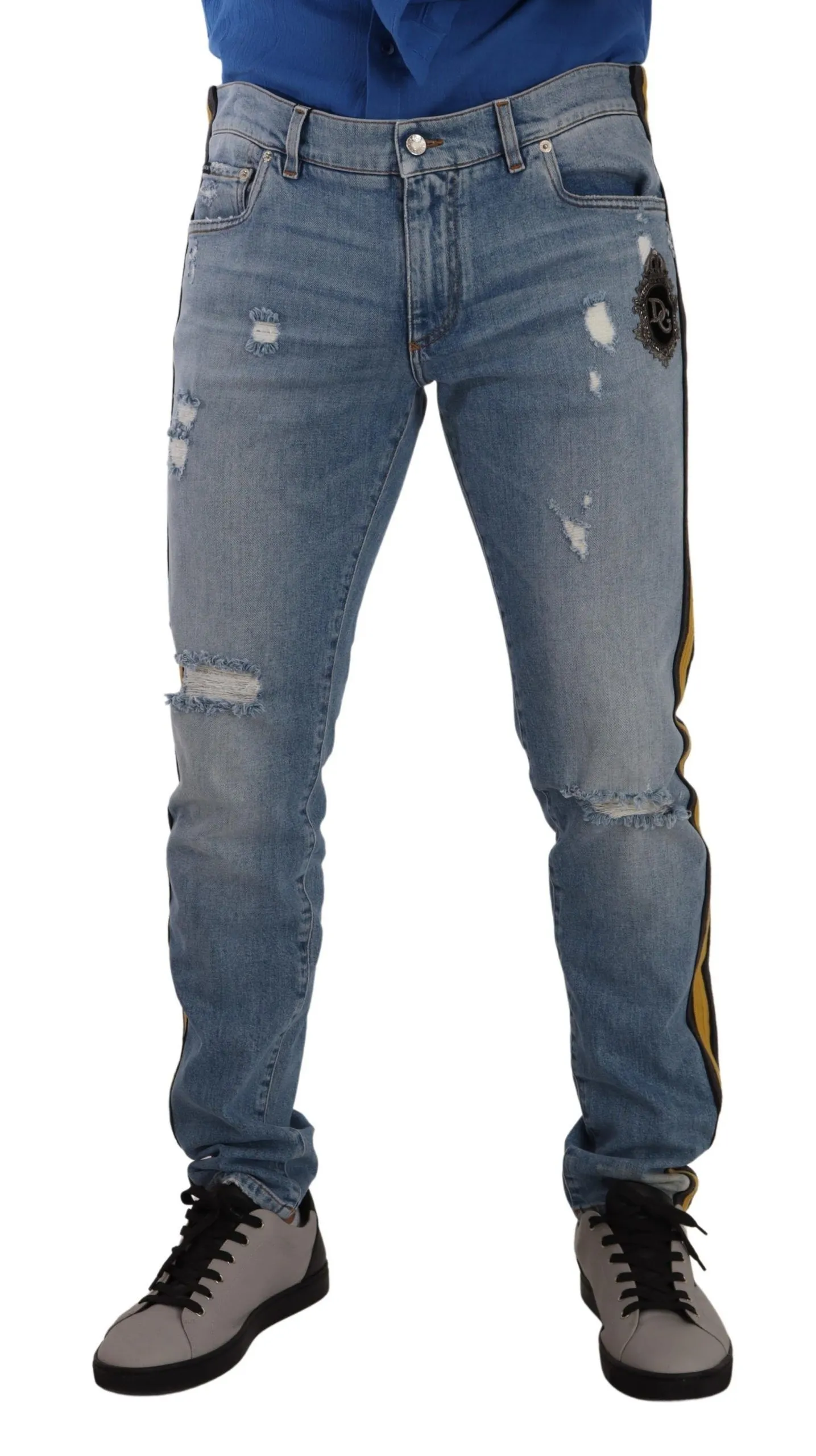 Dolce & Gabbana Men's Slim Fit Light Blue Embroidered Denim