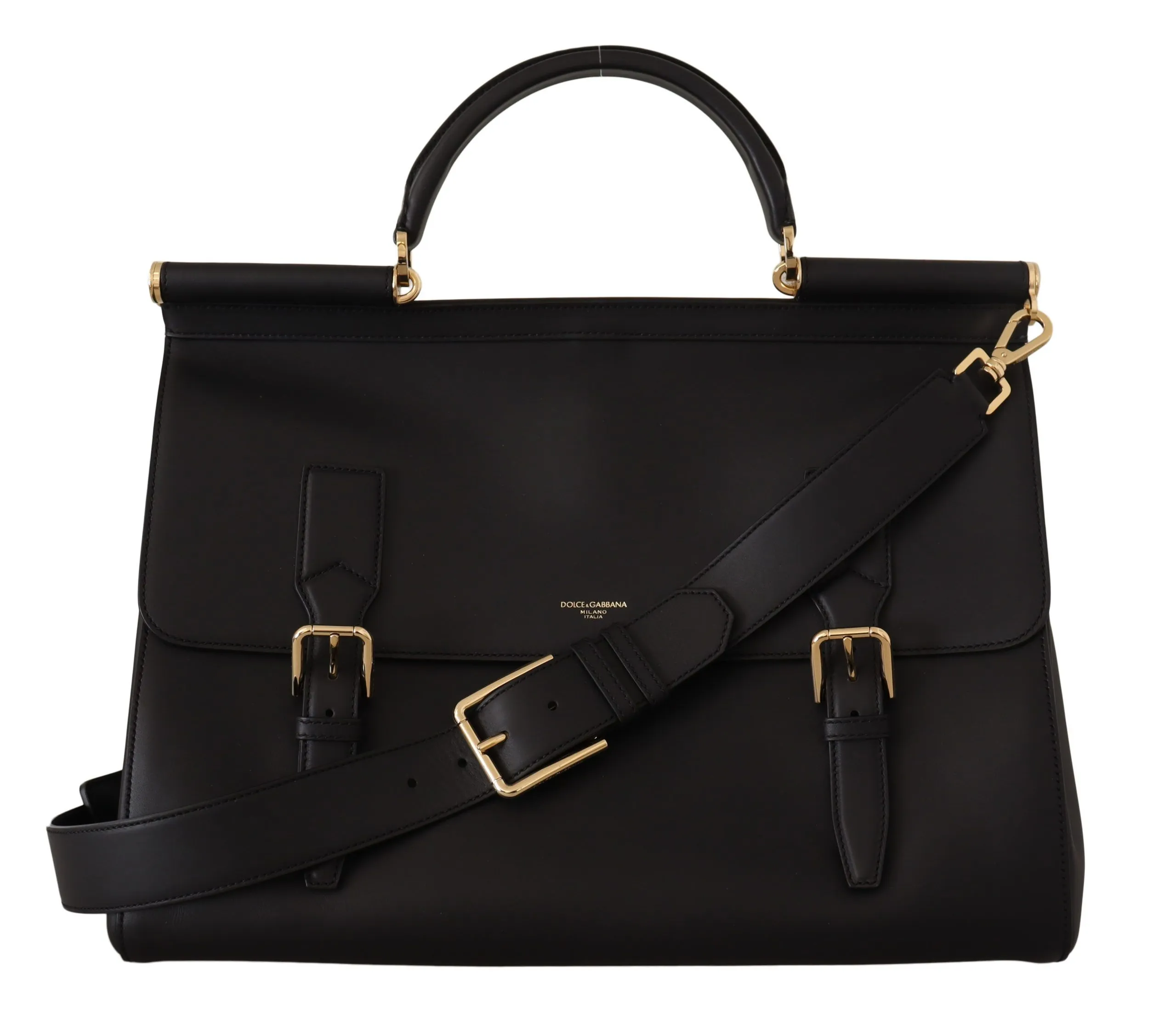 Dolce & Gabbana Women's Elegant XL Sicily Black Leather Bag with Gold Accents