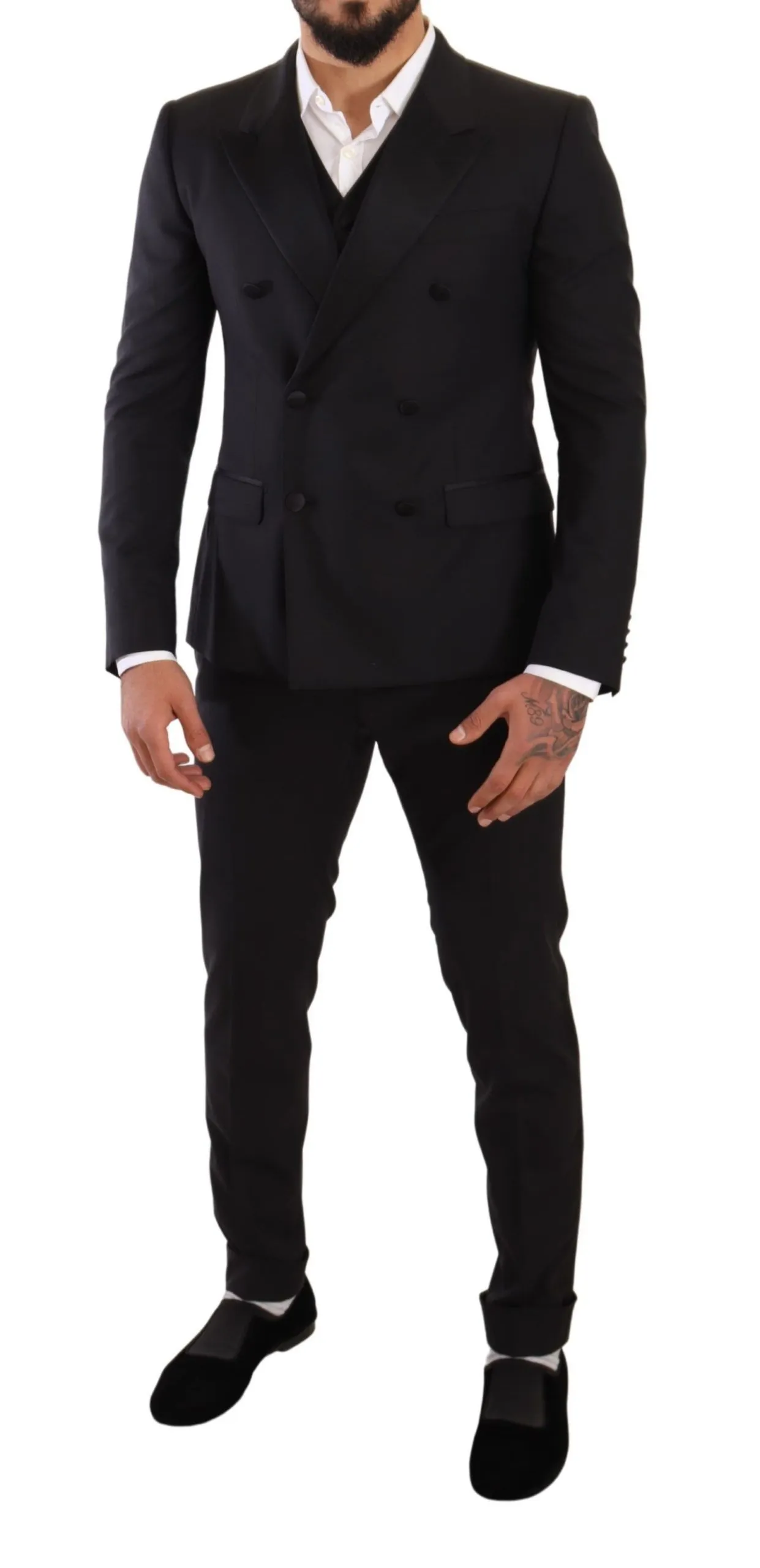 Dolce & Gabbana Men's Sleek Black Three-Piece Wool Silk Suit