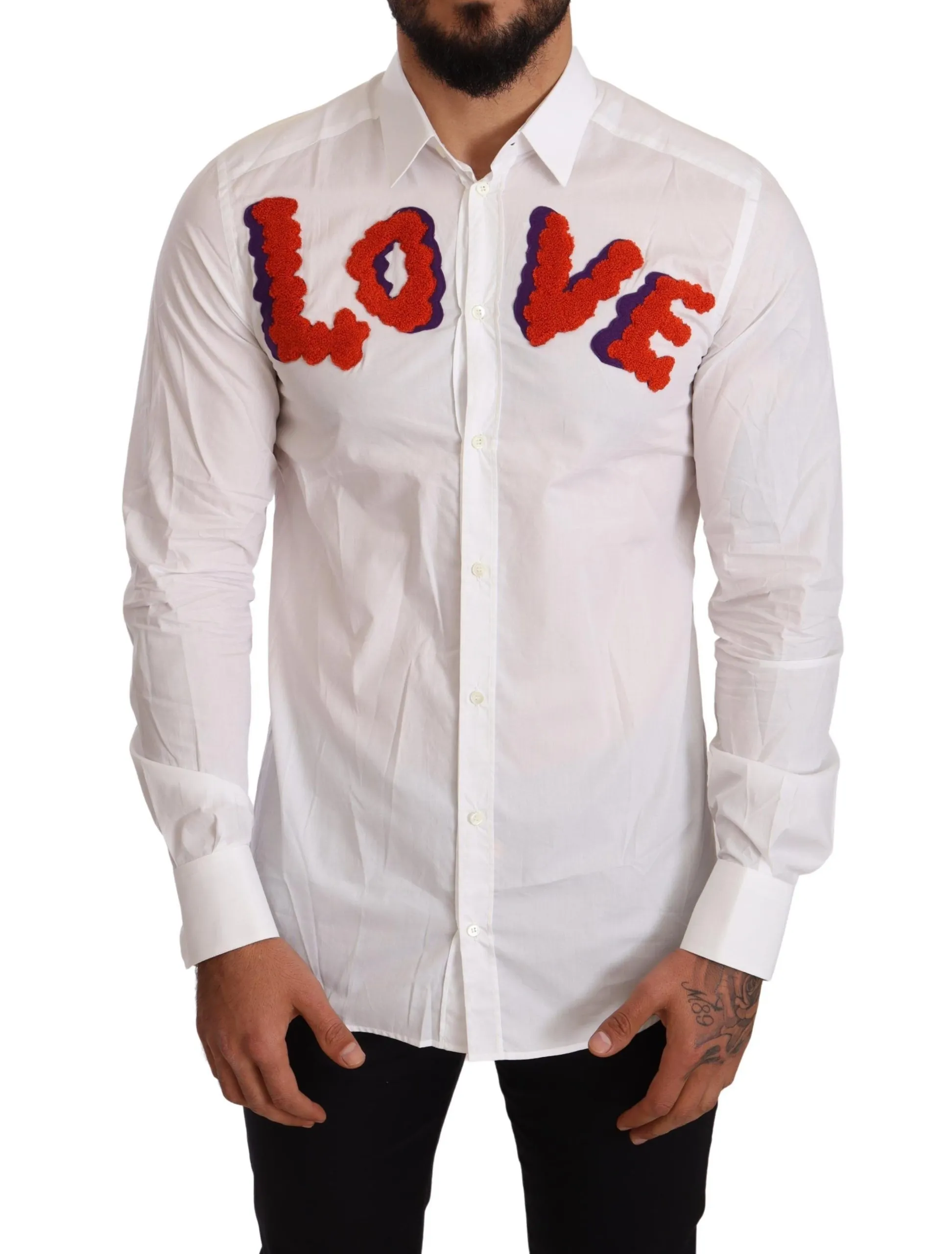 Dolce & Gabbana Men's Elegant White Cotton Poplin Shirt with Love Patch
