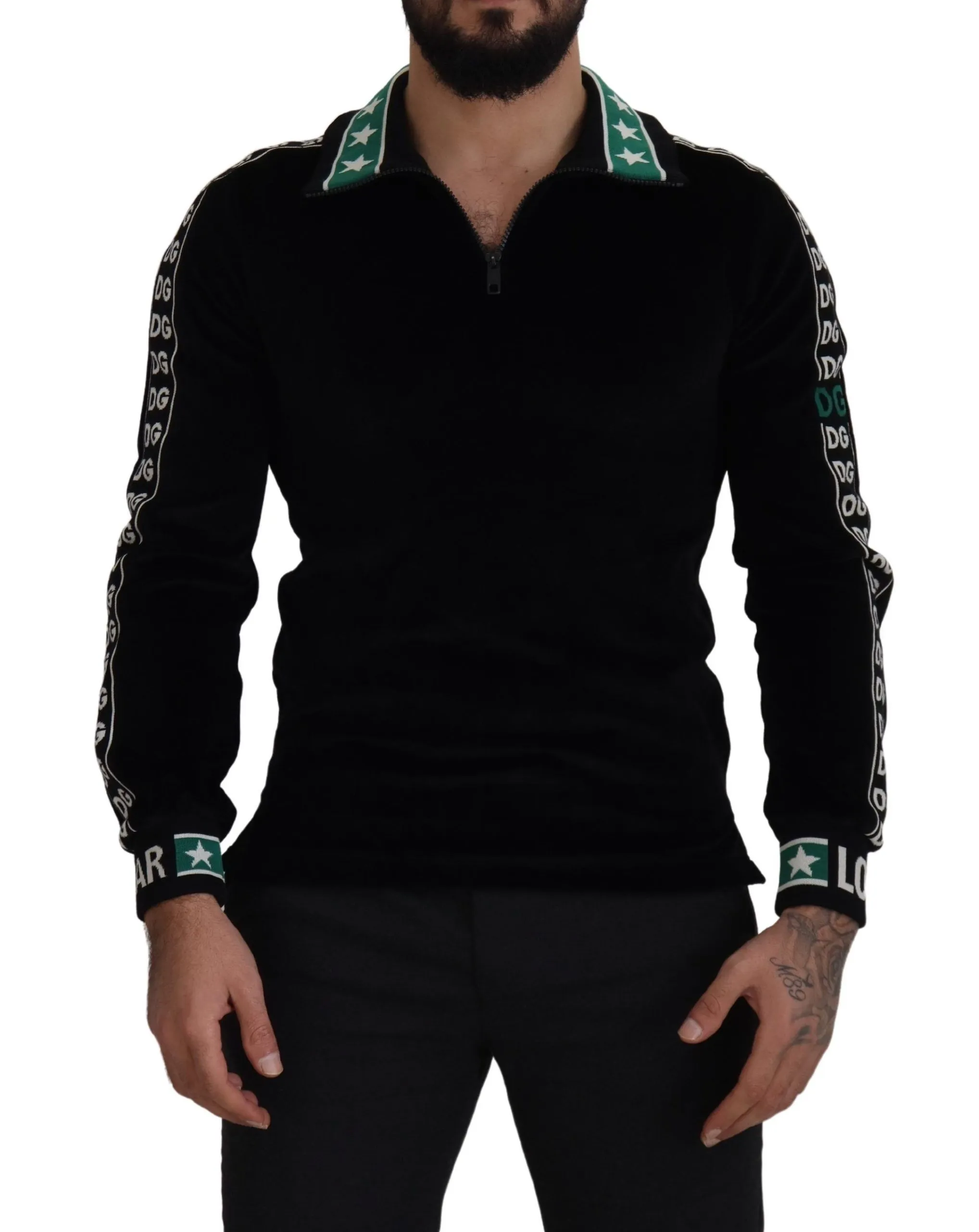 Dolce & Gabbana Men's Elegant Black Velvet Monogram Polo Sweater