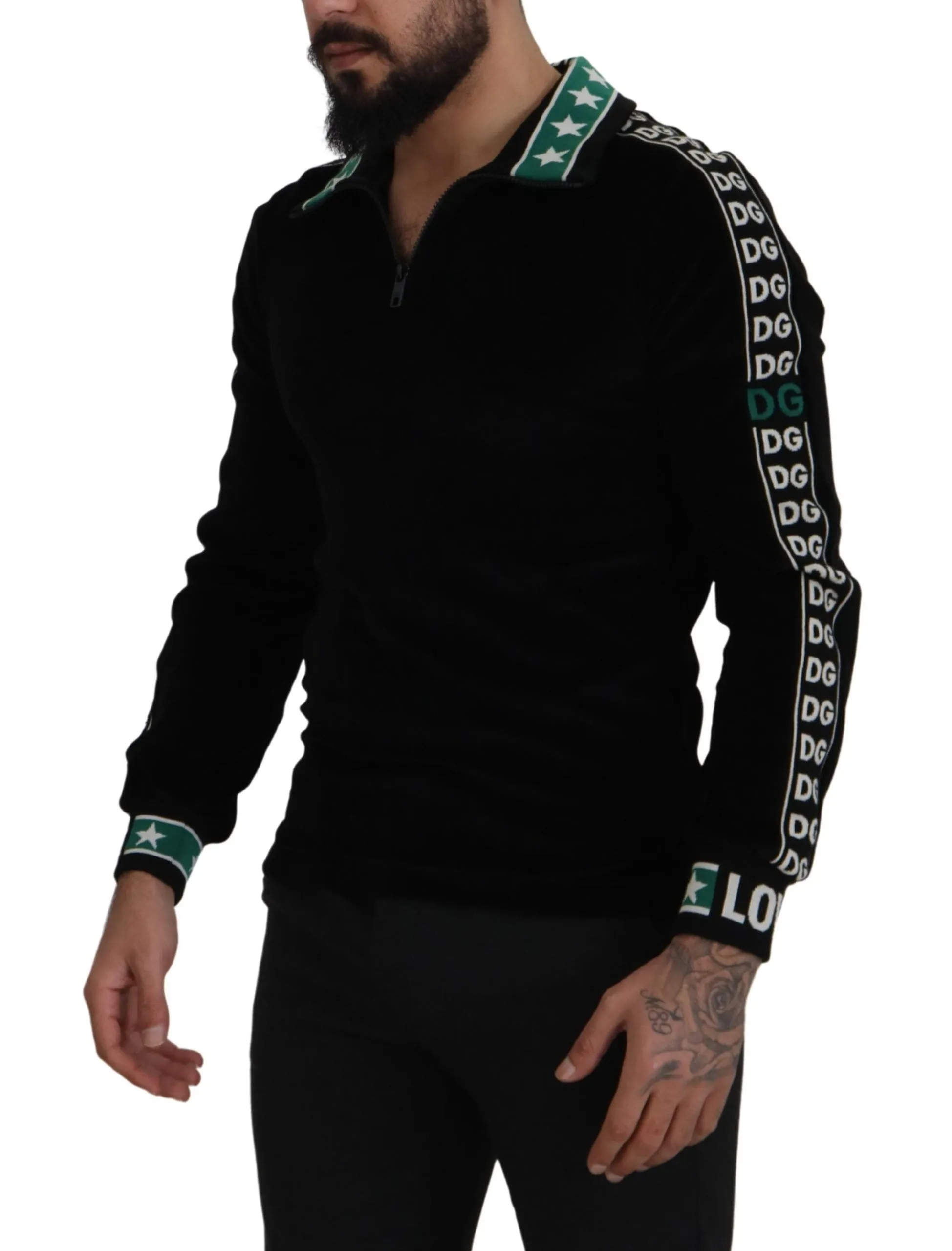 Dolce & Gabbana Men's Elegant Black Velvet Monogram Polo Sweater