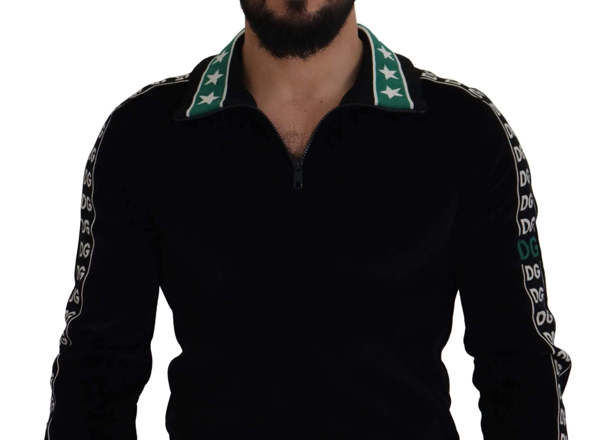 Dolce & Gabbana Men's Elegant Black Velvet Monogram Polo Sweater