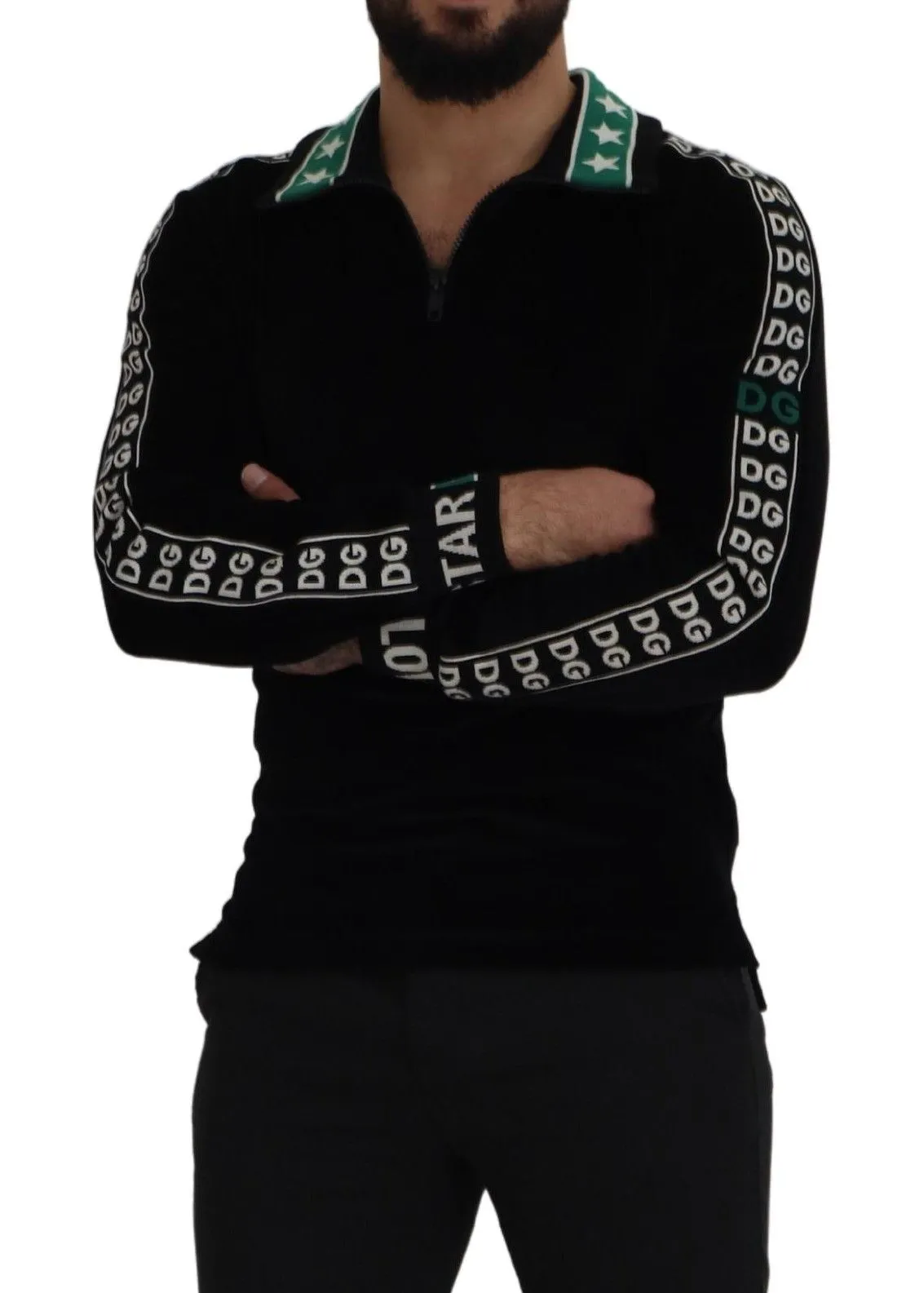 Dolce & Gabbana Men's Elegant Black Velvet Monogram Polo Sweater