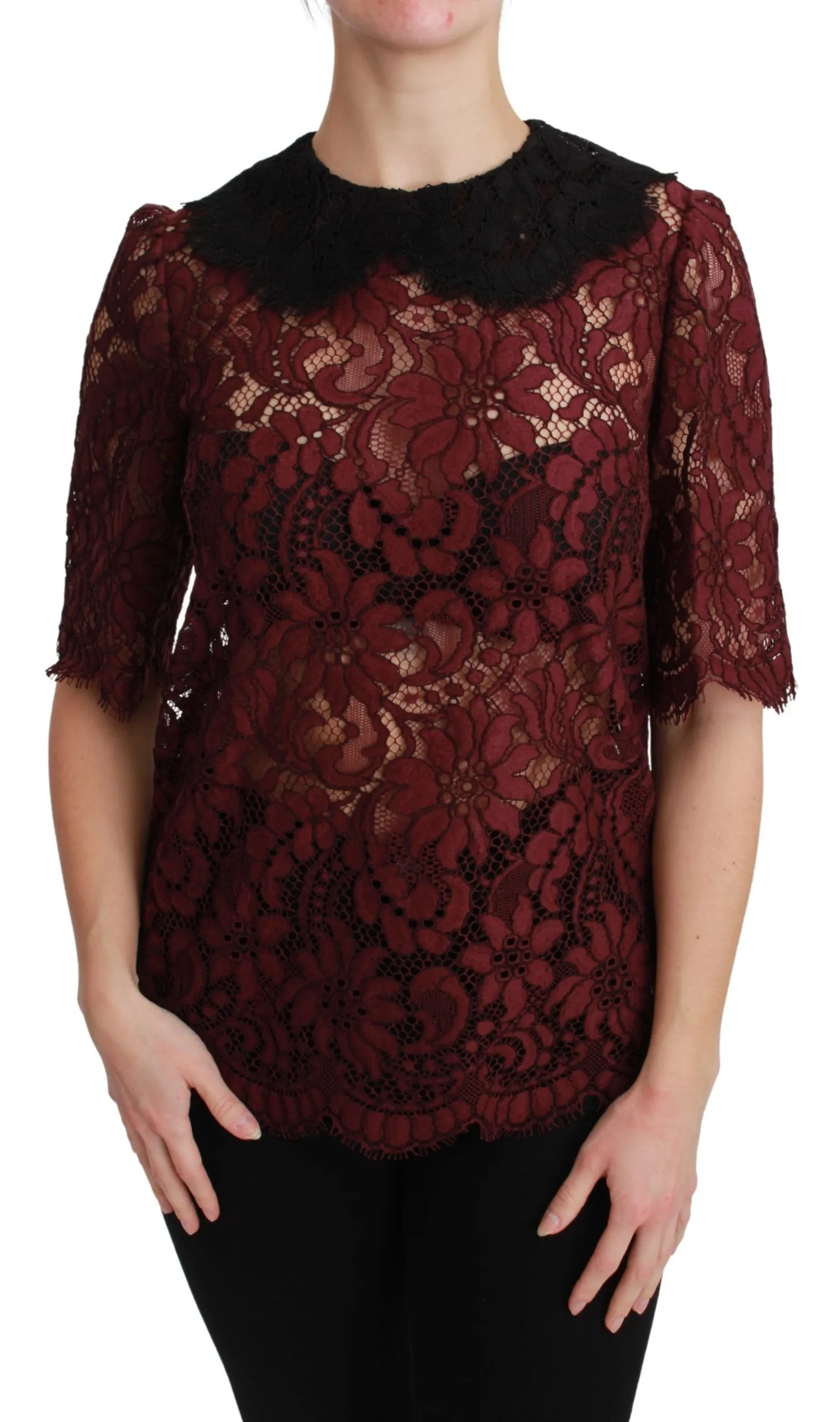 Dolce & Gabbana Women's Maroon Floral Lace Short Sleeve Blouse
