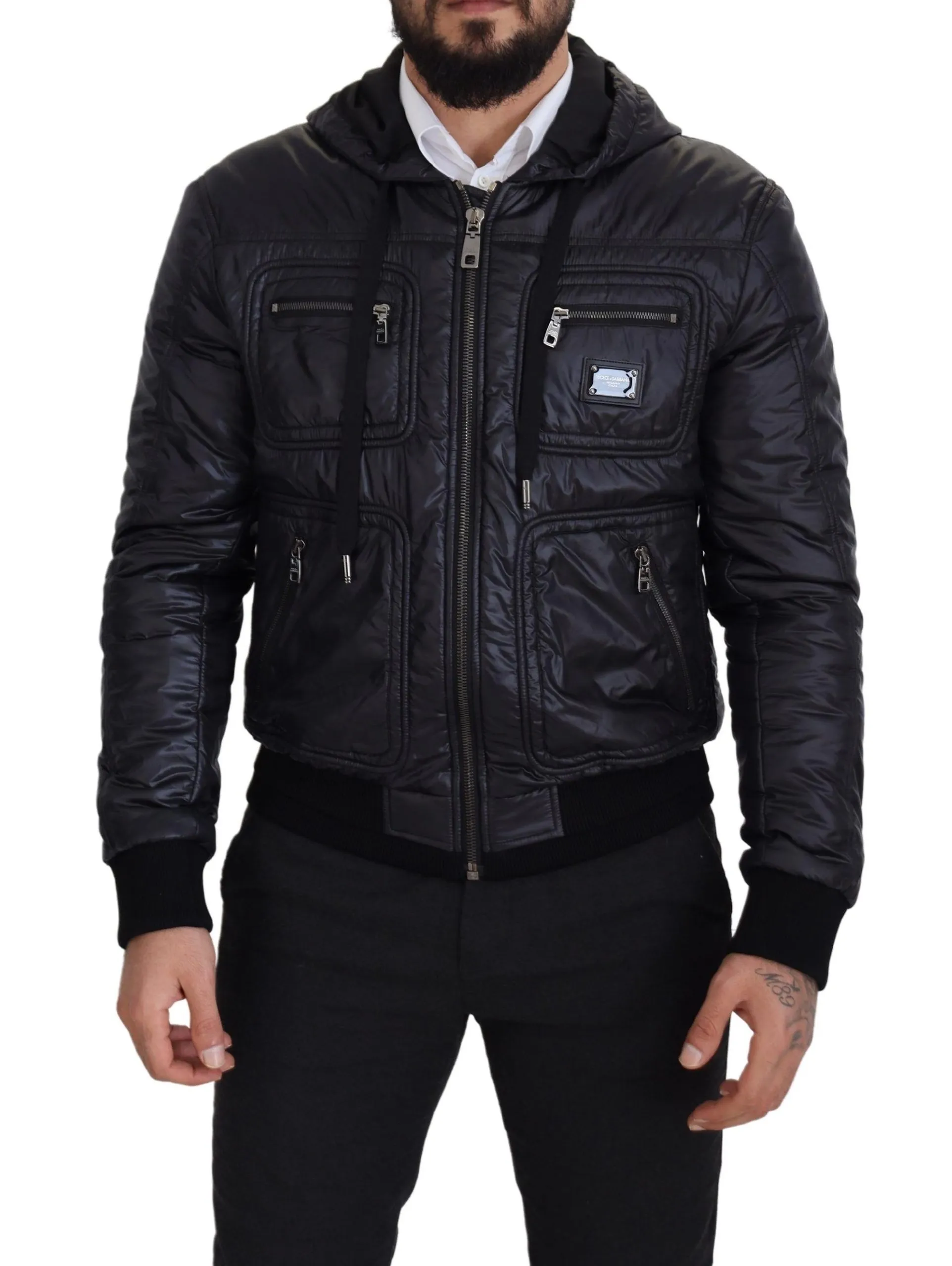Dolce & Gabbana Men's Elegant Black Bomber Jacket with Hood