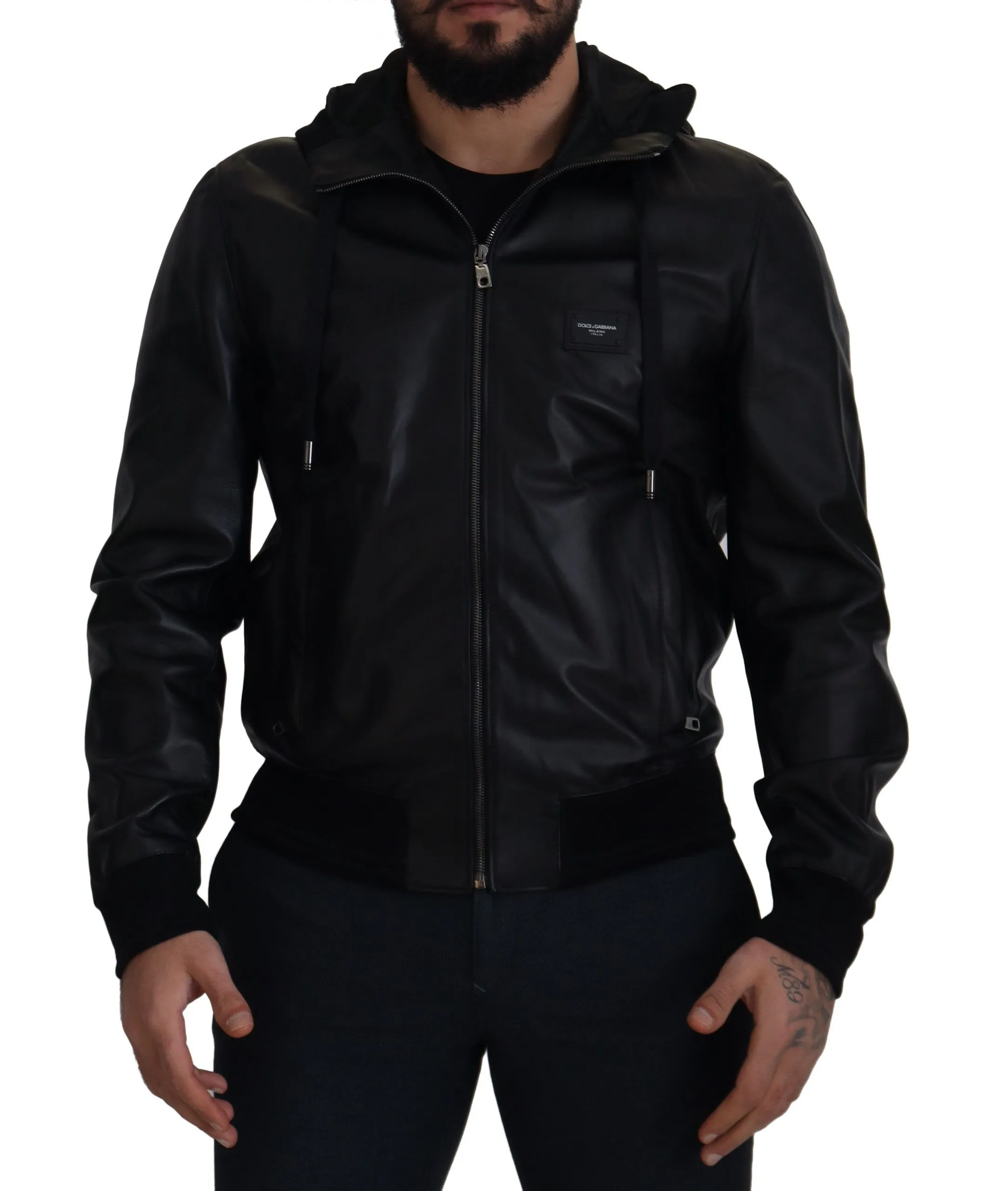 Dolce & Gabbana Men's Sleek Black Leather Hooded Bomber Jacket
