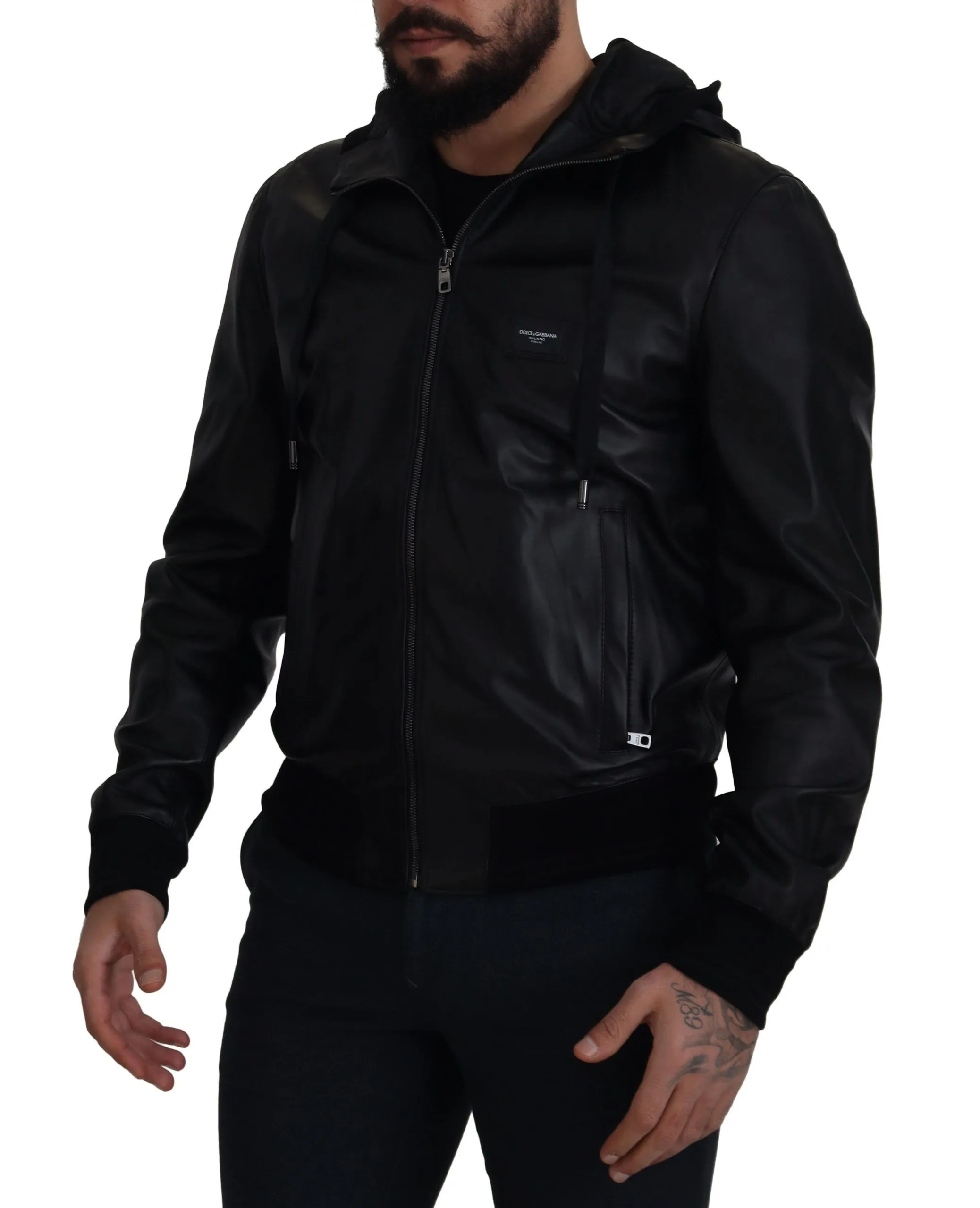 Dolce & Gabbana Men's Sleek Black Leather Hooded Bomber Jacket