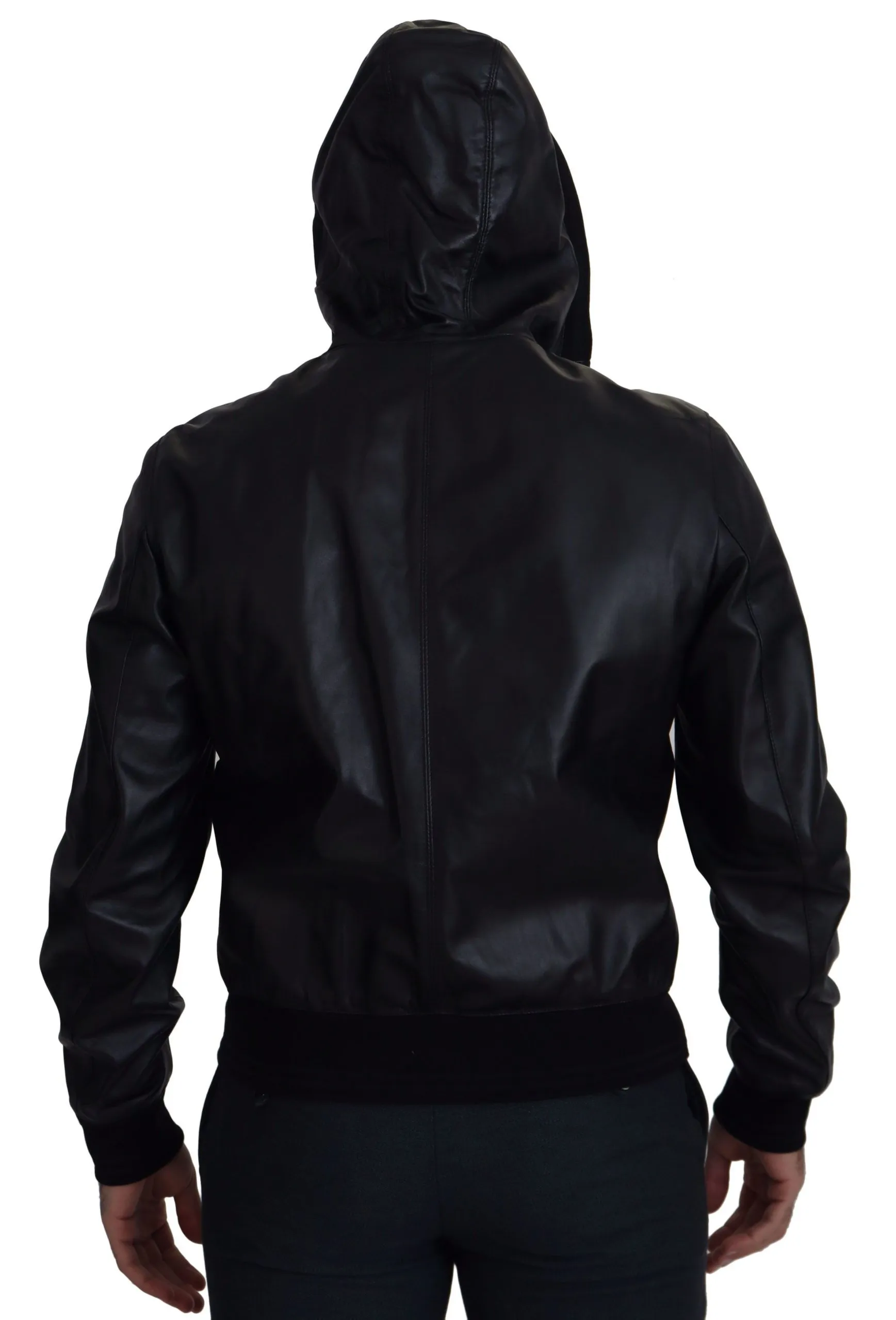 Dolce & Gabbana Men's Sleek Black Leather Hooded Bomber Jacket
