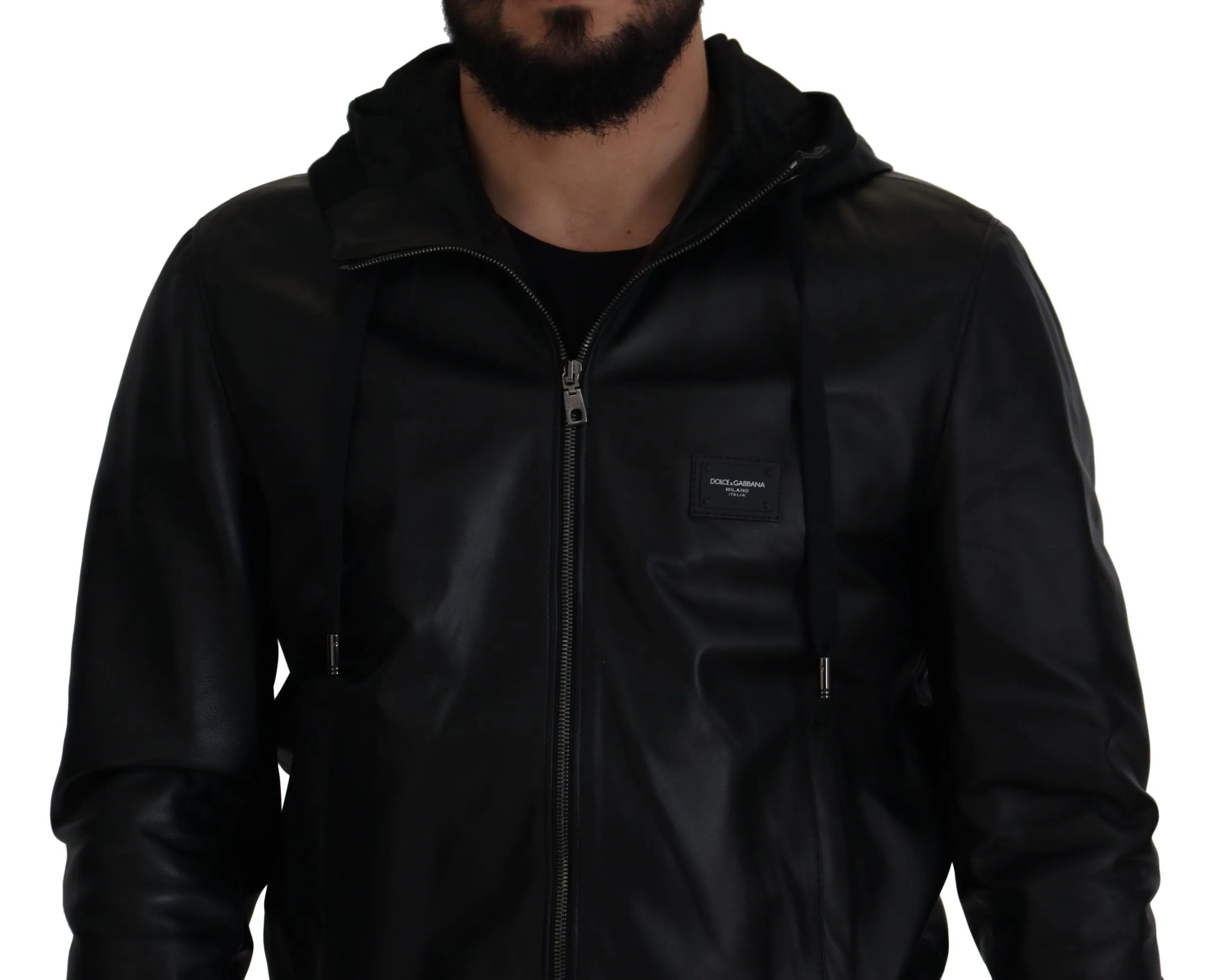 Dolce & Gabbana Men's Sleek Black Leather Hooded Bomber Jacket