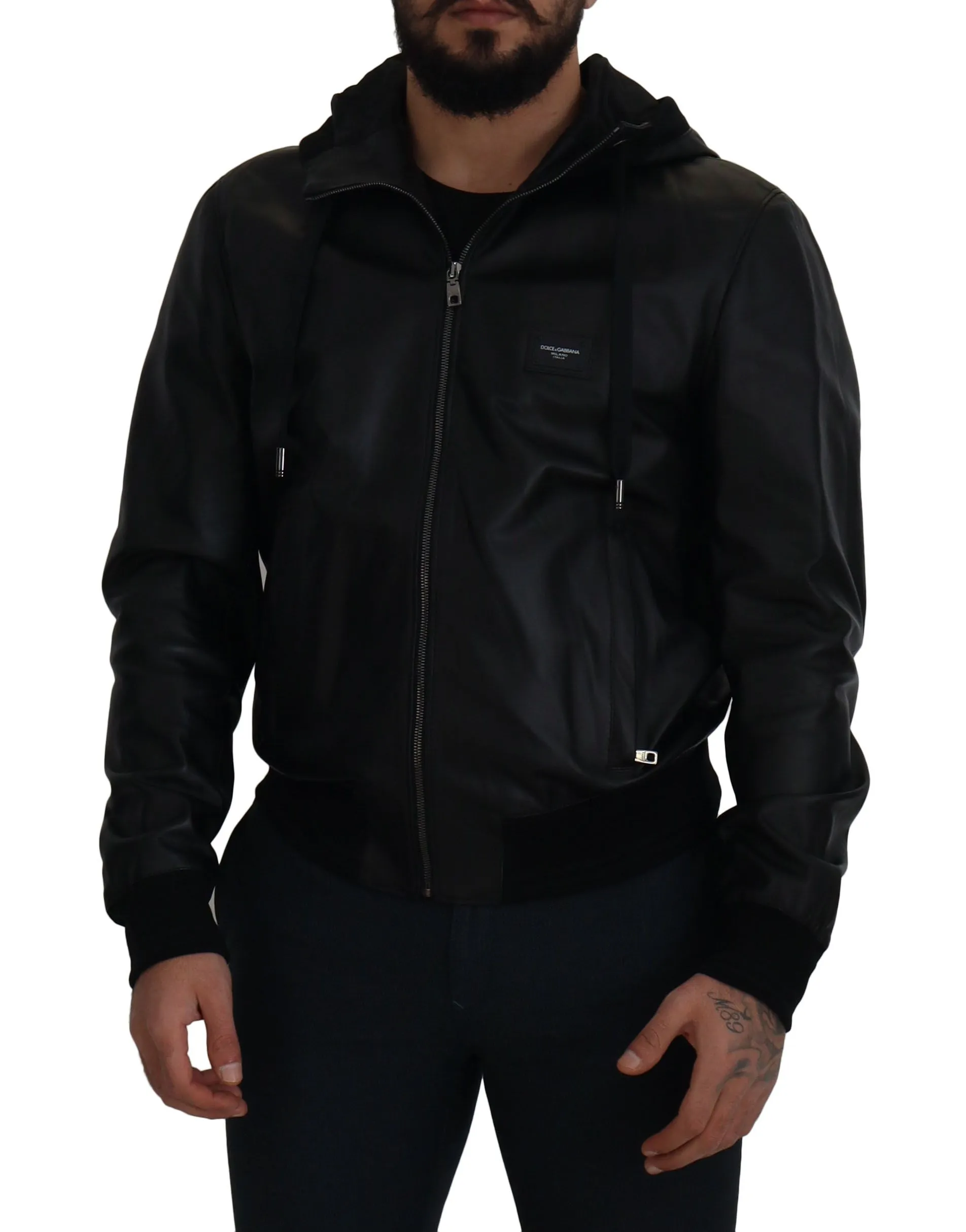 Dolce & Gabbana Men's Sleek Black Leather Hooded Bomber Jacket