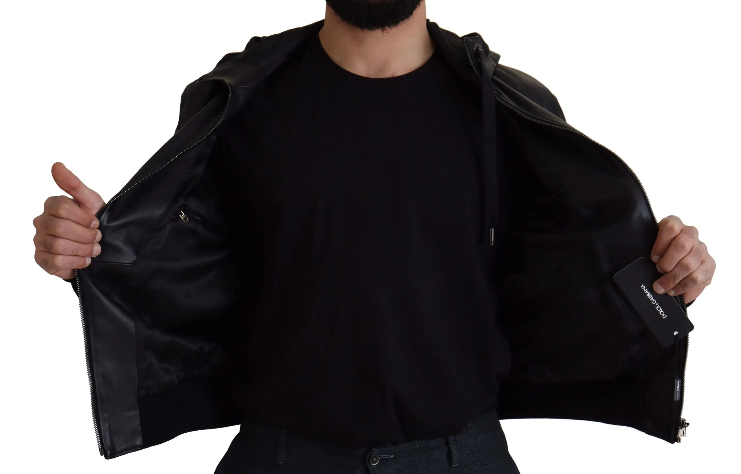Dolce & Gabbana Men's Sleek Black Leather Hooded Bomber Jacket