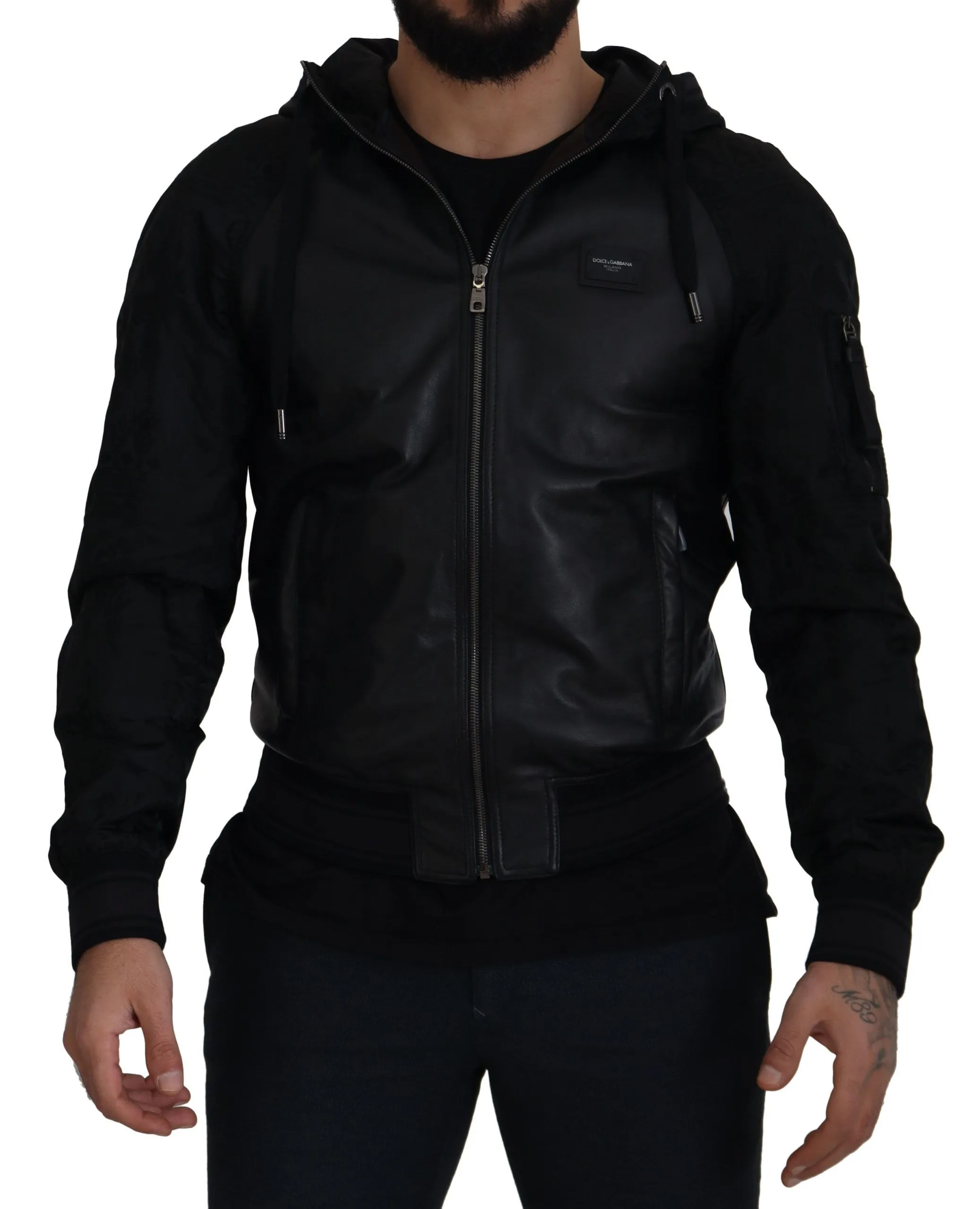 Dolce & Gabbana Men's Sleek Leather Hooded Bomber Jacket