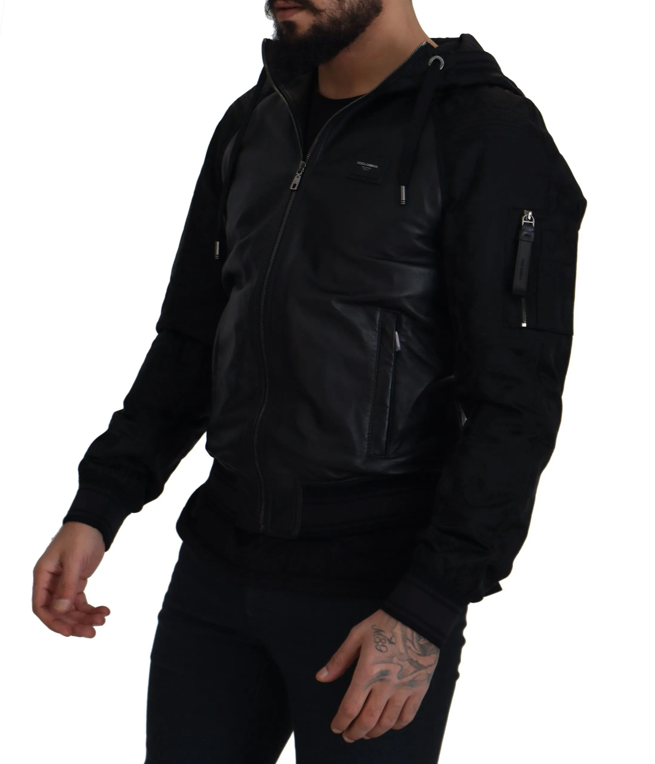 Dolce & Gabbana Men's Sleek Leather Hooded Bomber Jacket