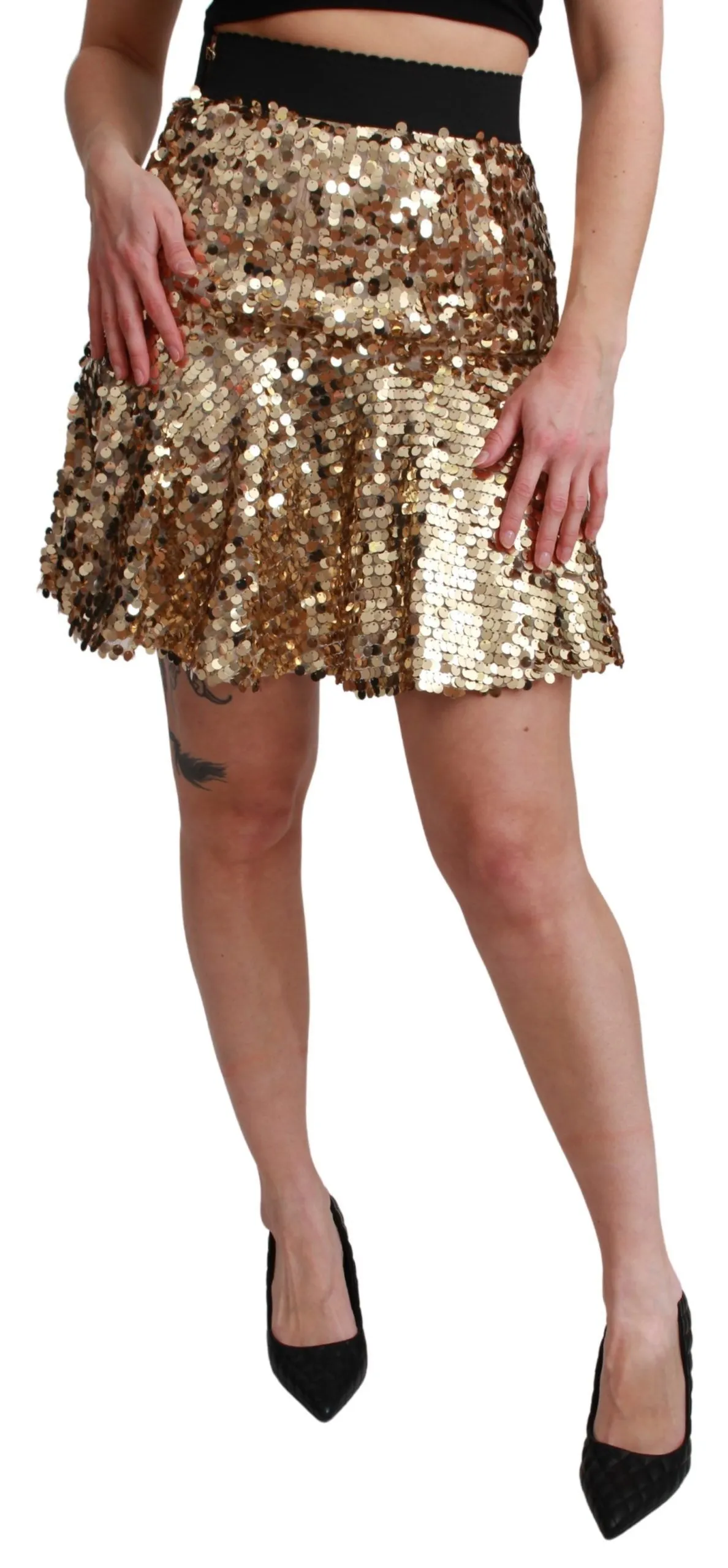 Dolce & Gabbana Women's Gold Sequined High Waist A-Line Mini Skirt