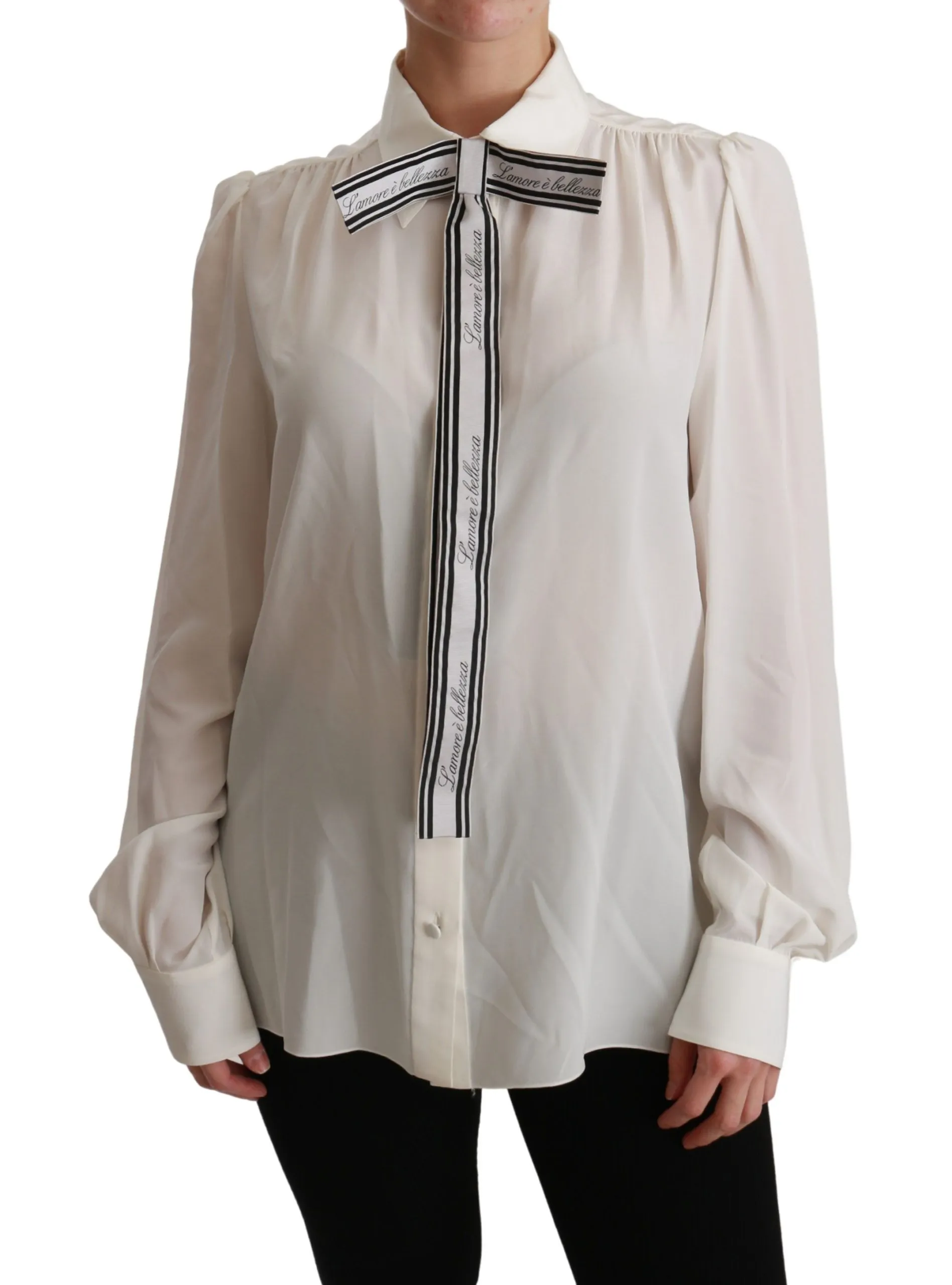 Dolce & Gabbana Women's Elegant White Silk Blouse with Detachable Bow