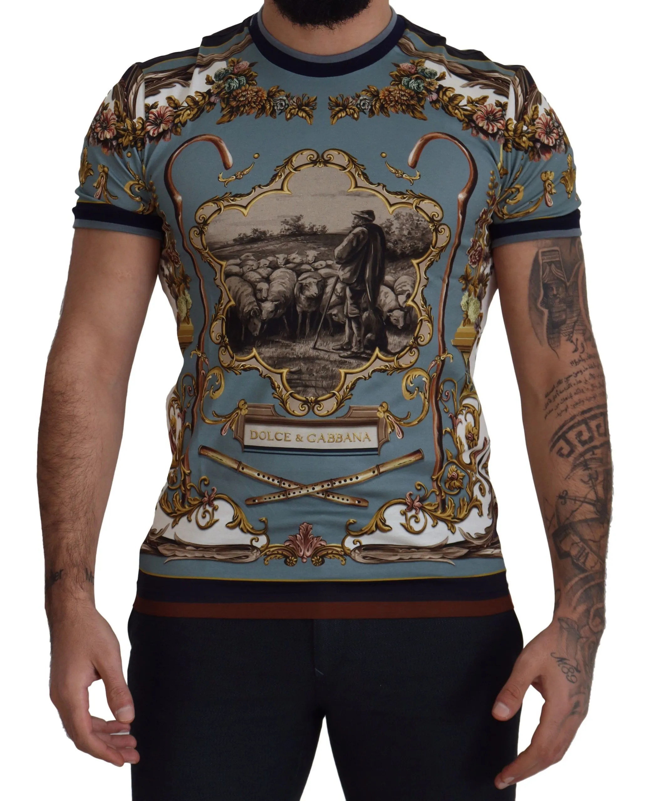 Dolce & Gabbana Men's Chic Blue Baroque Motif Cotton Tee