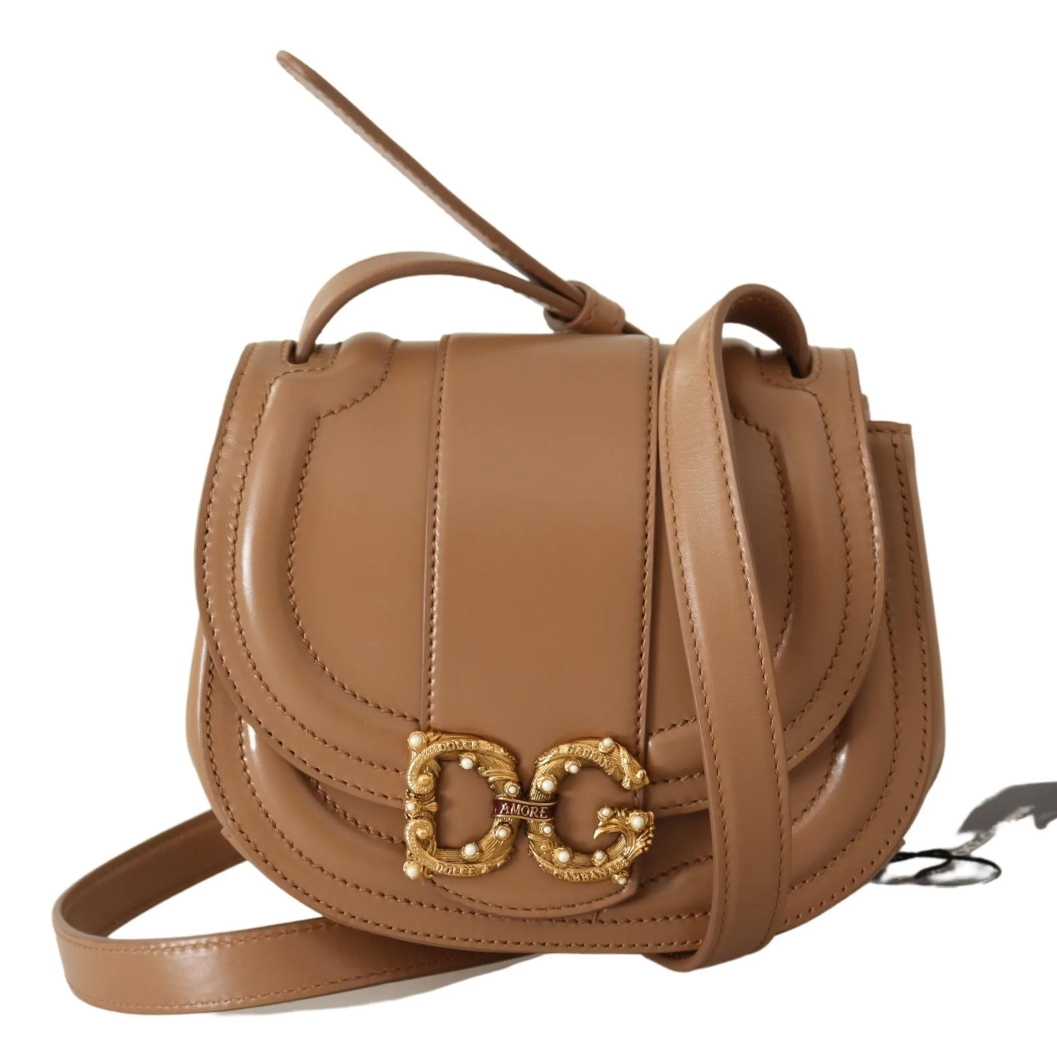 Dolce & Gabbana Women's Elegant Beige Leather Shoulder Bag with Gold Detailing