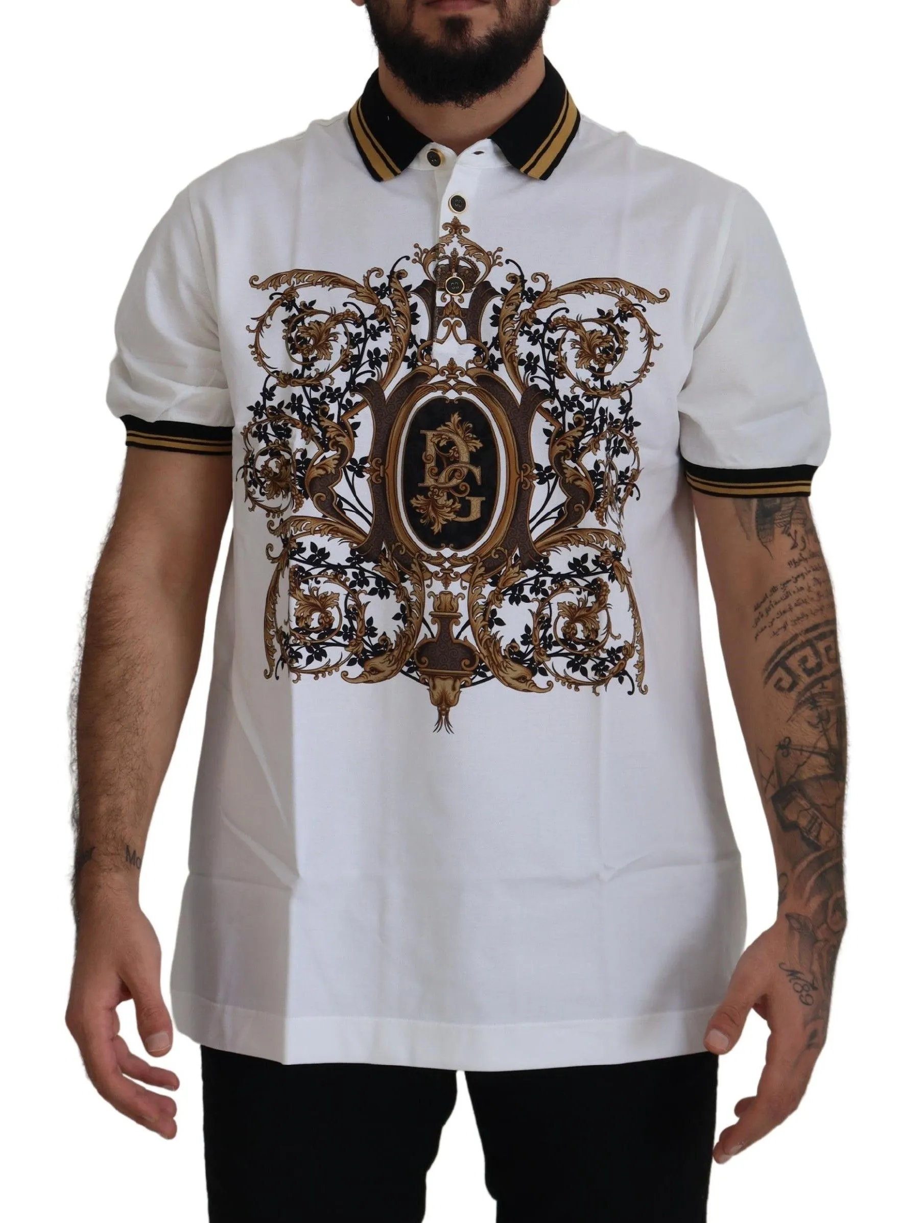 Dolce & Gabbana Men's White Gold Baroque Print Cotton Polo T-Shirt